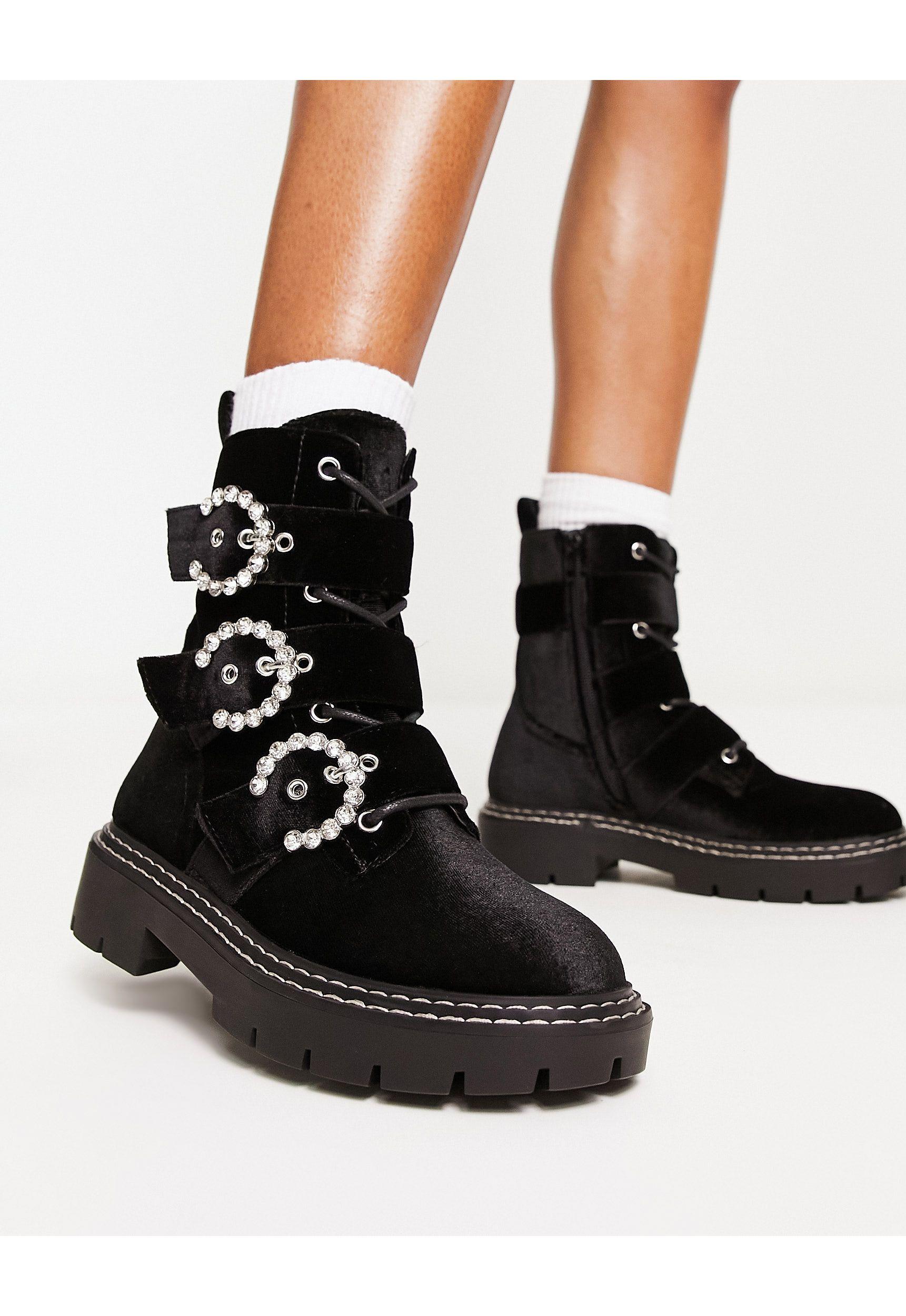 River Island Lace Up Velvet Jewel Buckle Boot in Black | Lyst