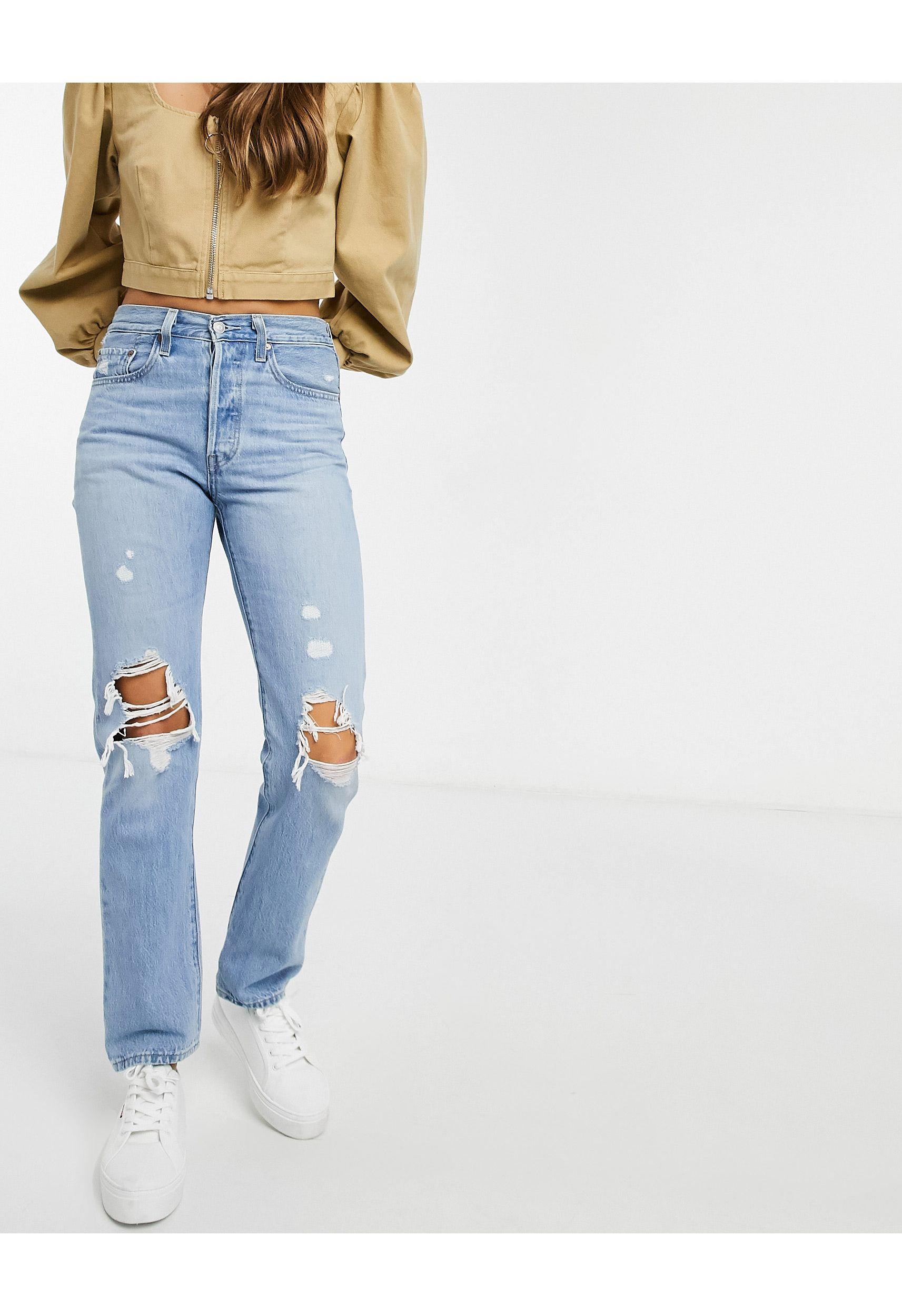 Levi's 501 High Rise Rip Knee Straight Leg Crop Jeans in Blue | Lyst UK