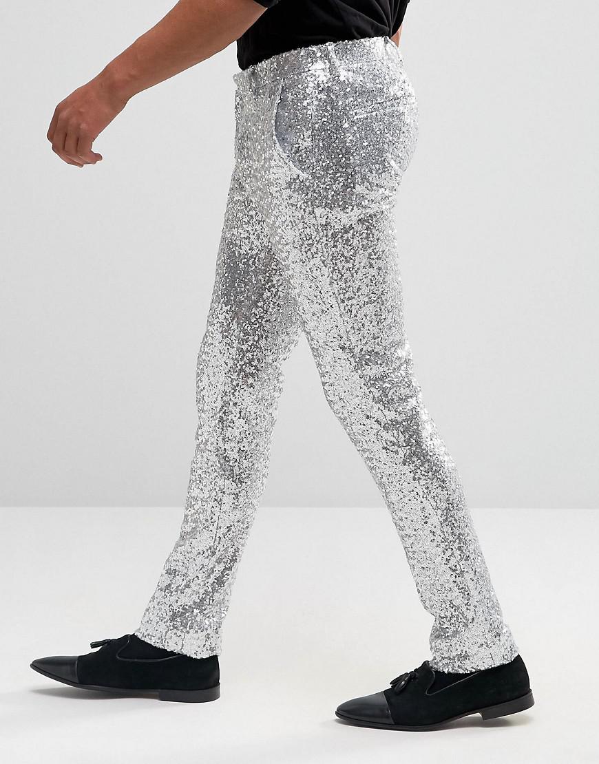 ASOS Skinny Smart Pants In All Over Sequin Silver in Metallic for Men