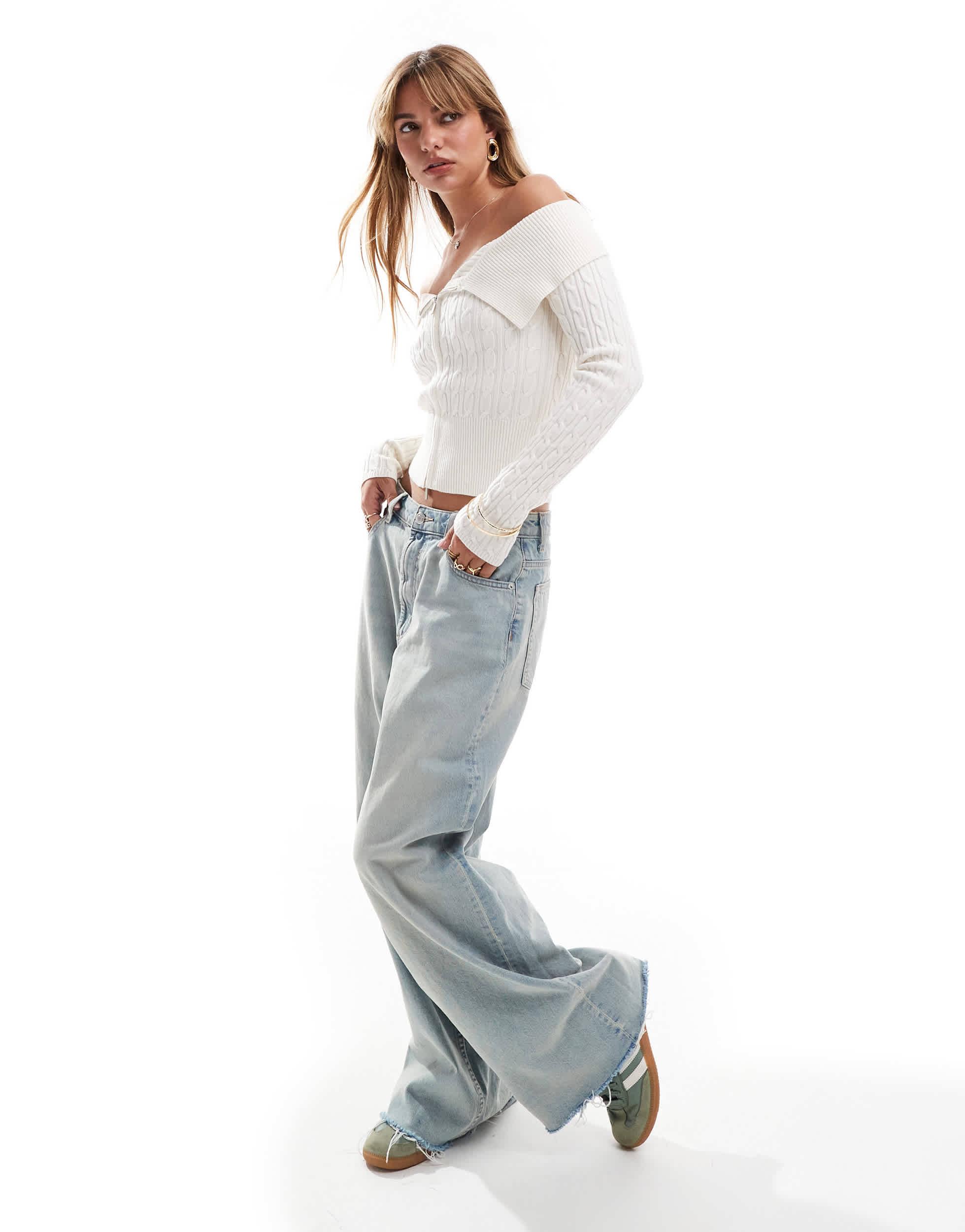 Bershka Bardot Zip Front Cable Knit Jumper in White Lyst