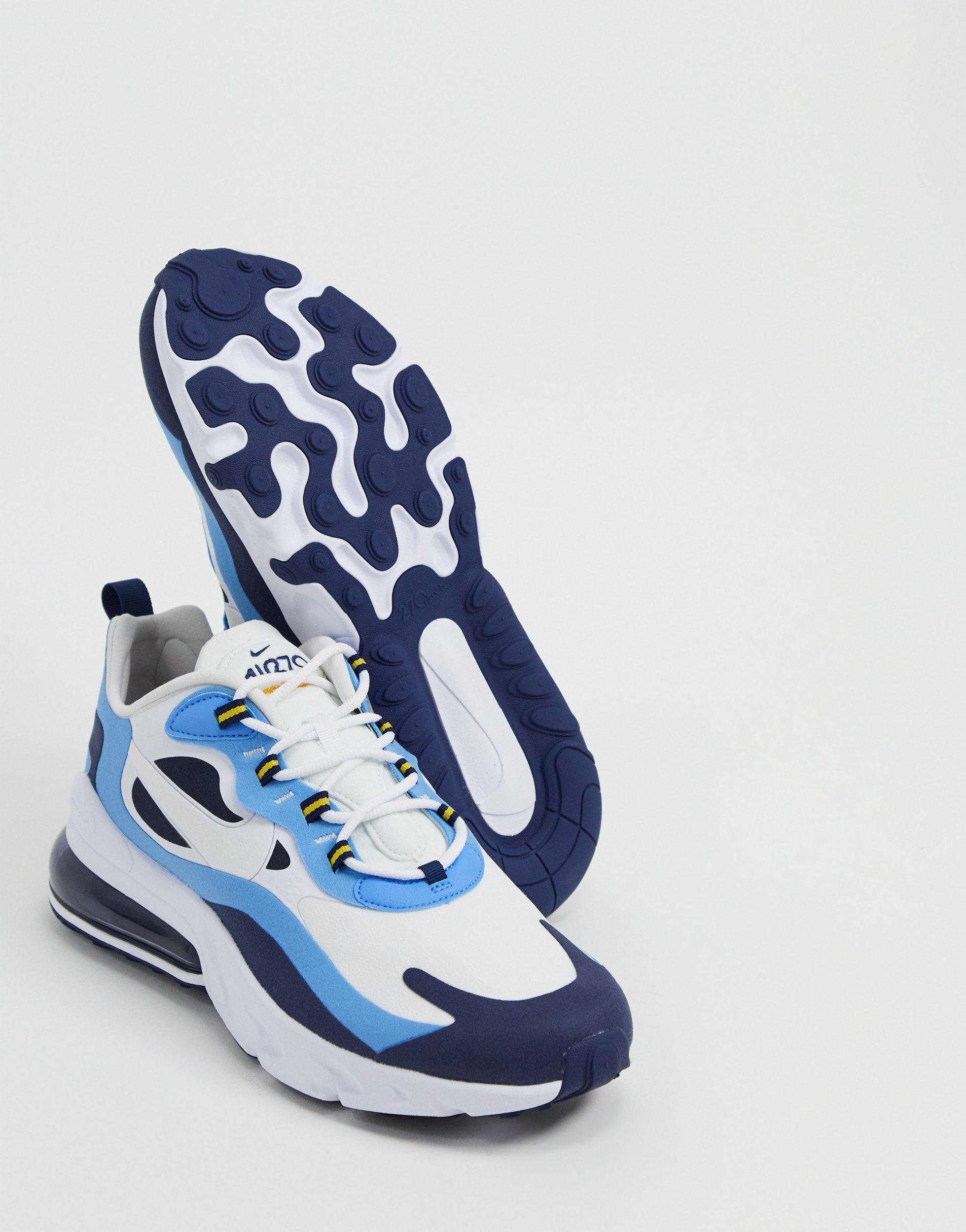 nike air max 270 react trainers in white & midnight navy