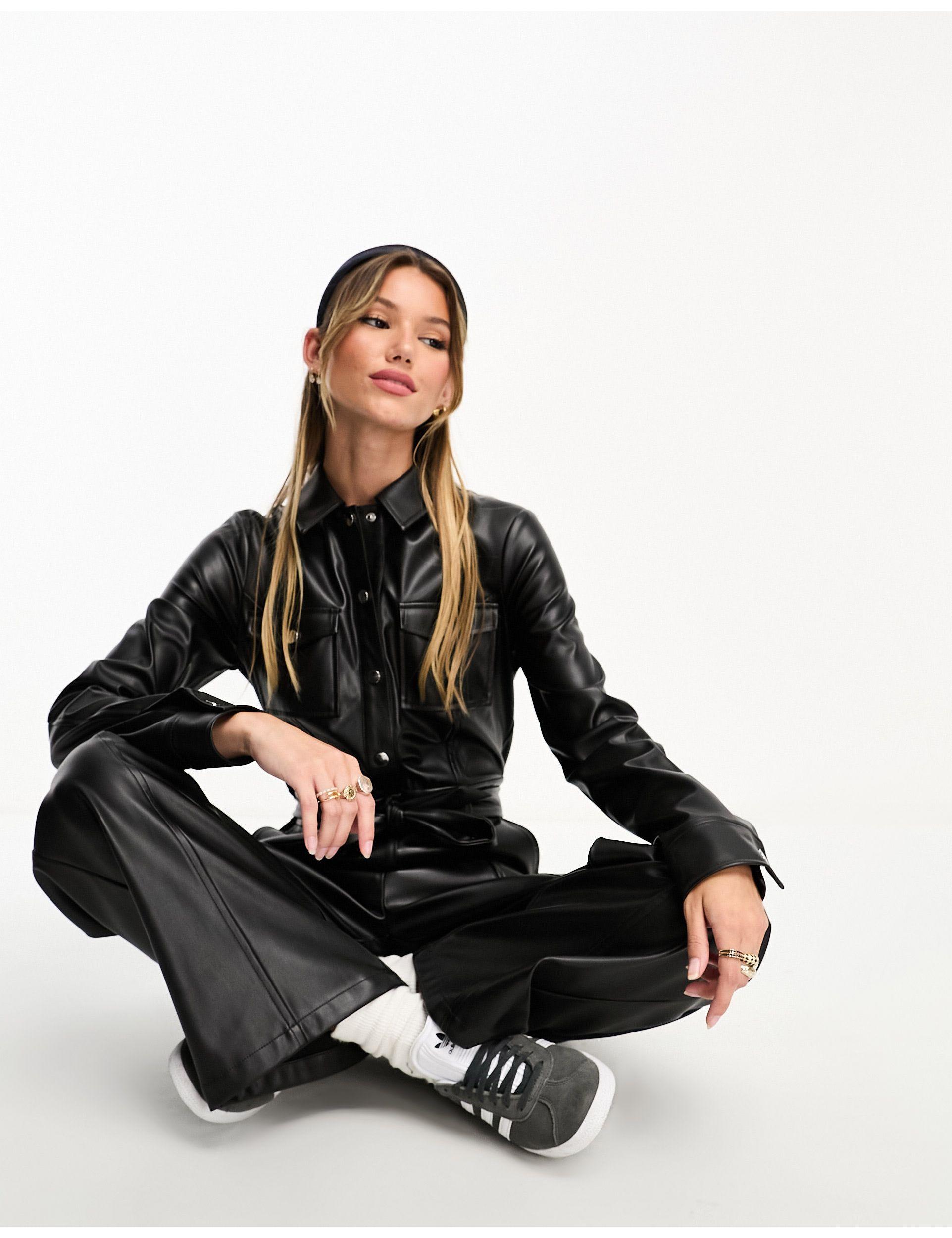 Miss Selfridge Faux Leather Utility Boilersuit in Black Lyst UK