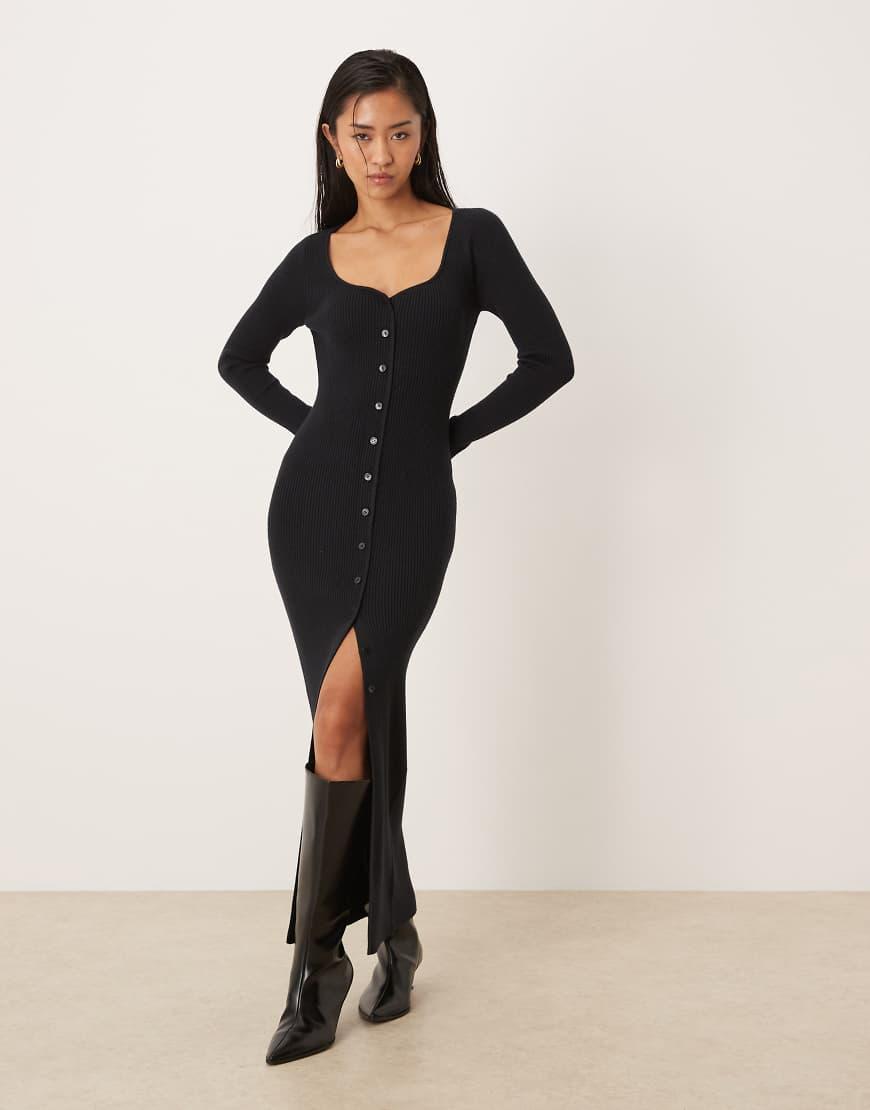 Abercrombie & Fitch Long Sleeve V Neck Fitted Maxi Dress in Black | Lyst UK