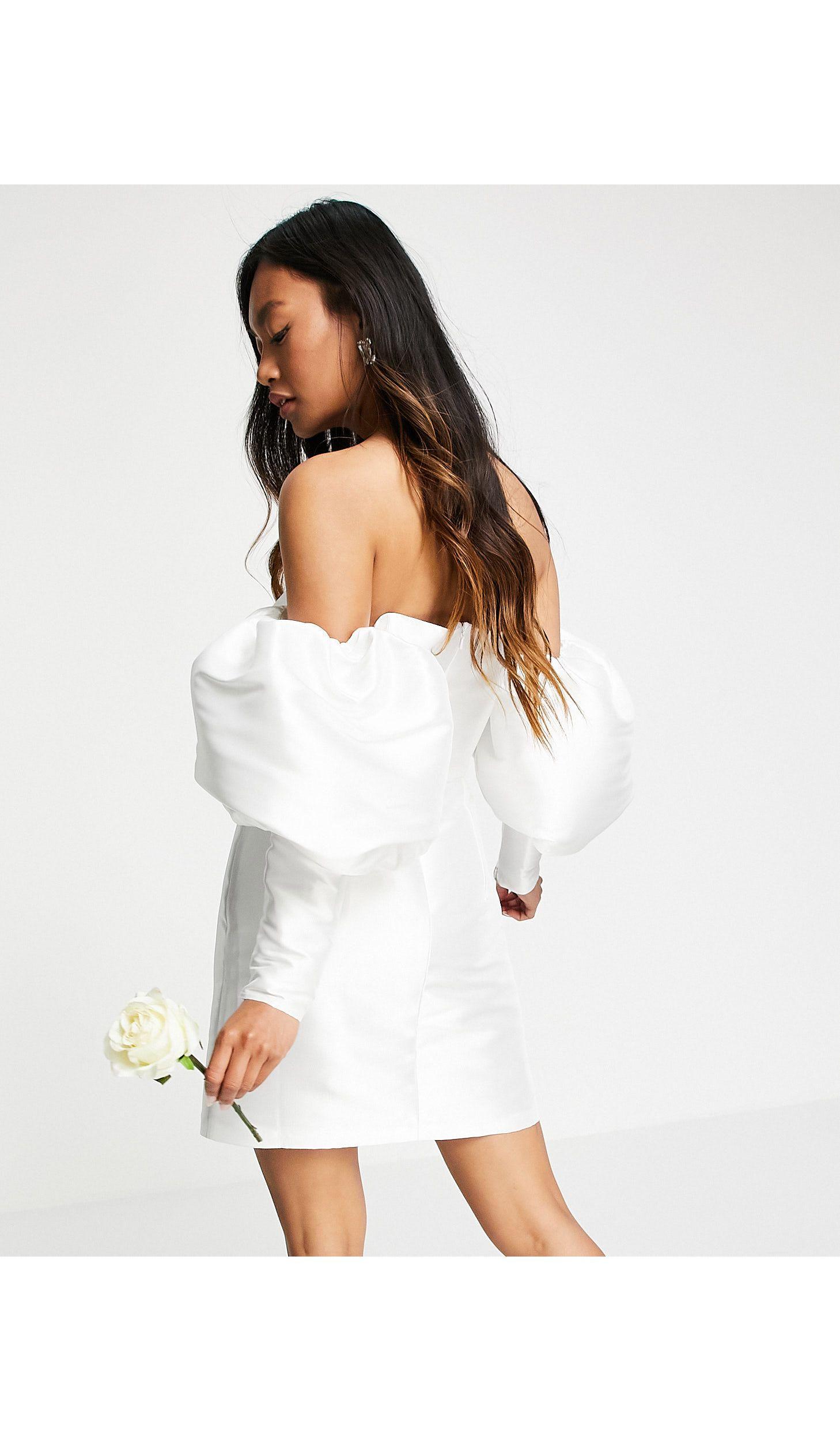 asos edition puff sleeve off shoulder mini wedding dress ASOS LUXE 3D floral embellished off shoulder puff sleeve mini dress in white