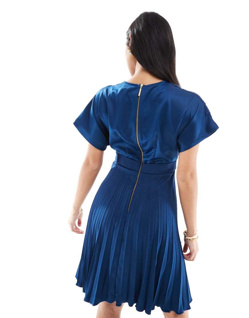 Closet London Petite Wrap Front Pleated Midi Skater Dress in Blue