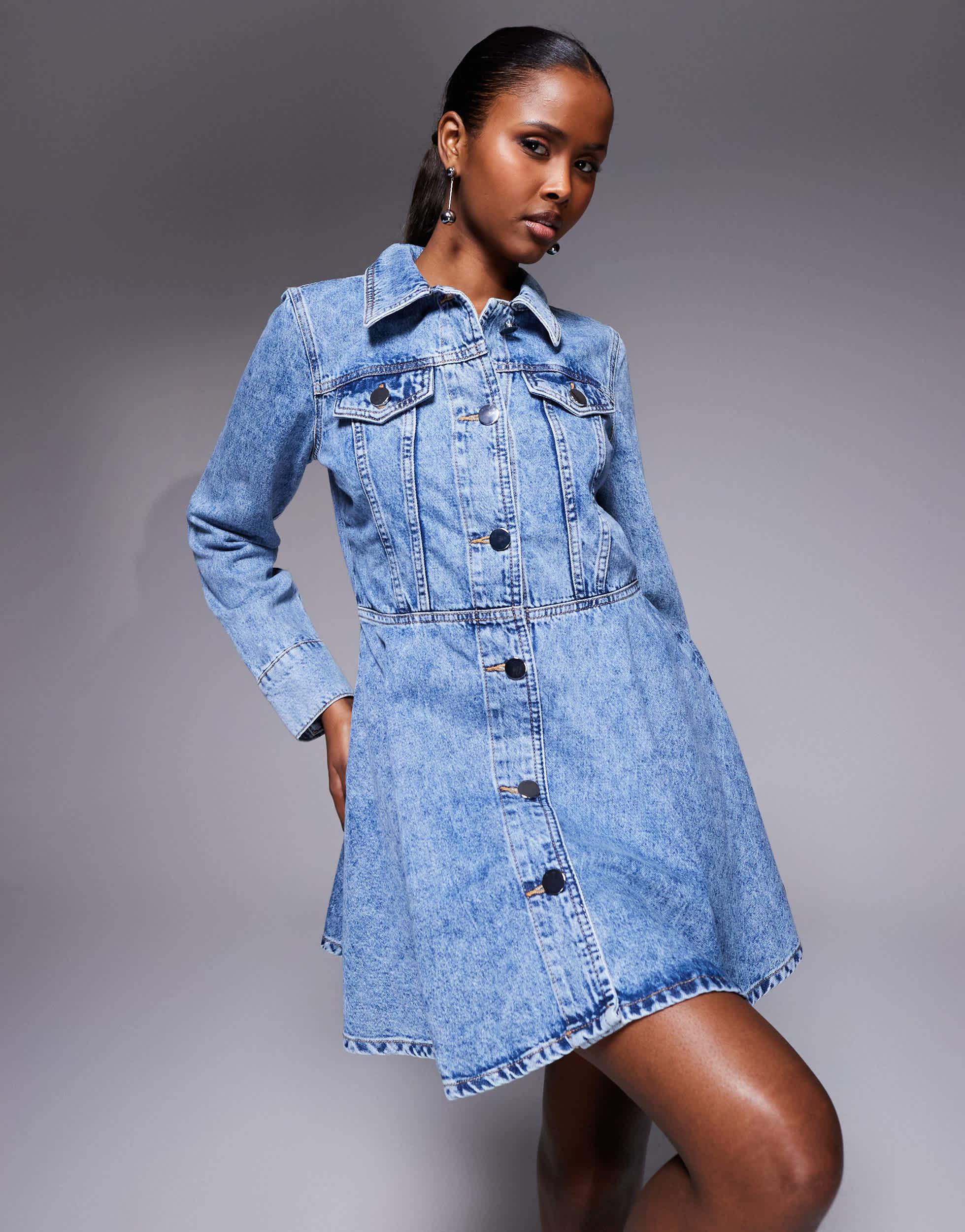 river island denim dress sale Blue Denim Zip Front Mini Shirt Dress
