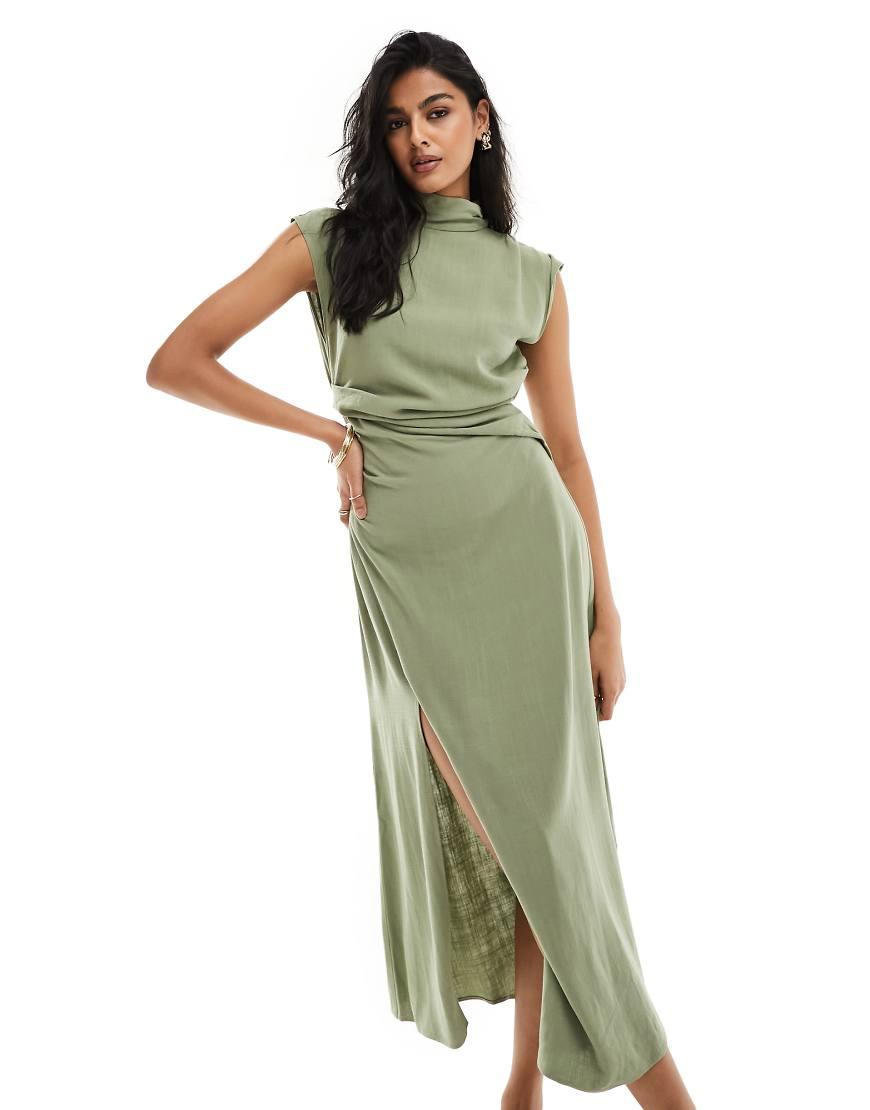 asos green linen dress ASOS DESIGN linen asym fallen shoulder long sleeve midi dress in khaki