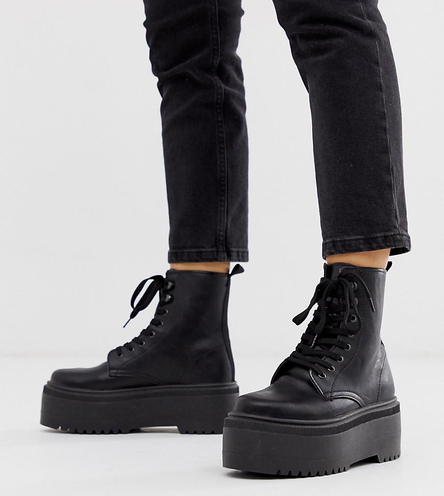 ASOS Leather Wide Fit Acton Chunky Lace Up Ankle Boots in Black | Lyst
