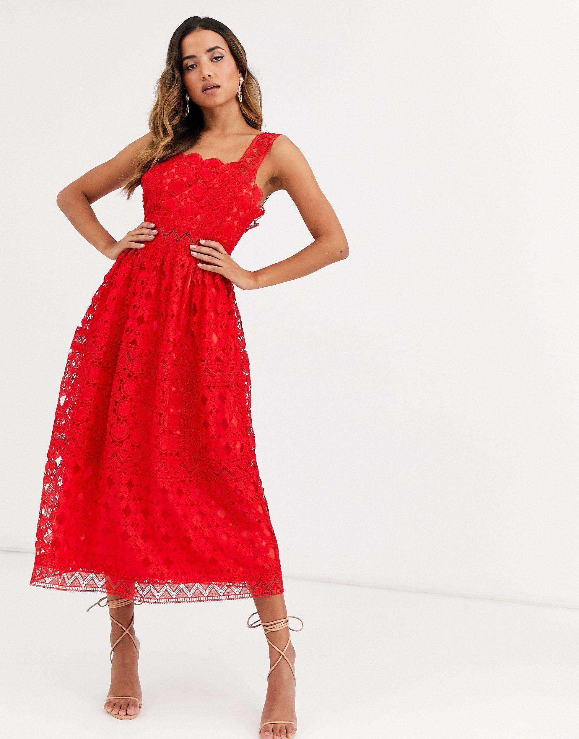 ASOS Synthetic Broderie Cami Midi Prom Dress in Red - Lyst
