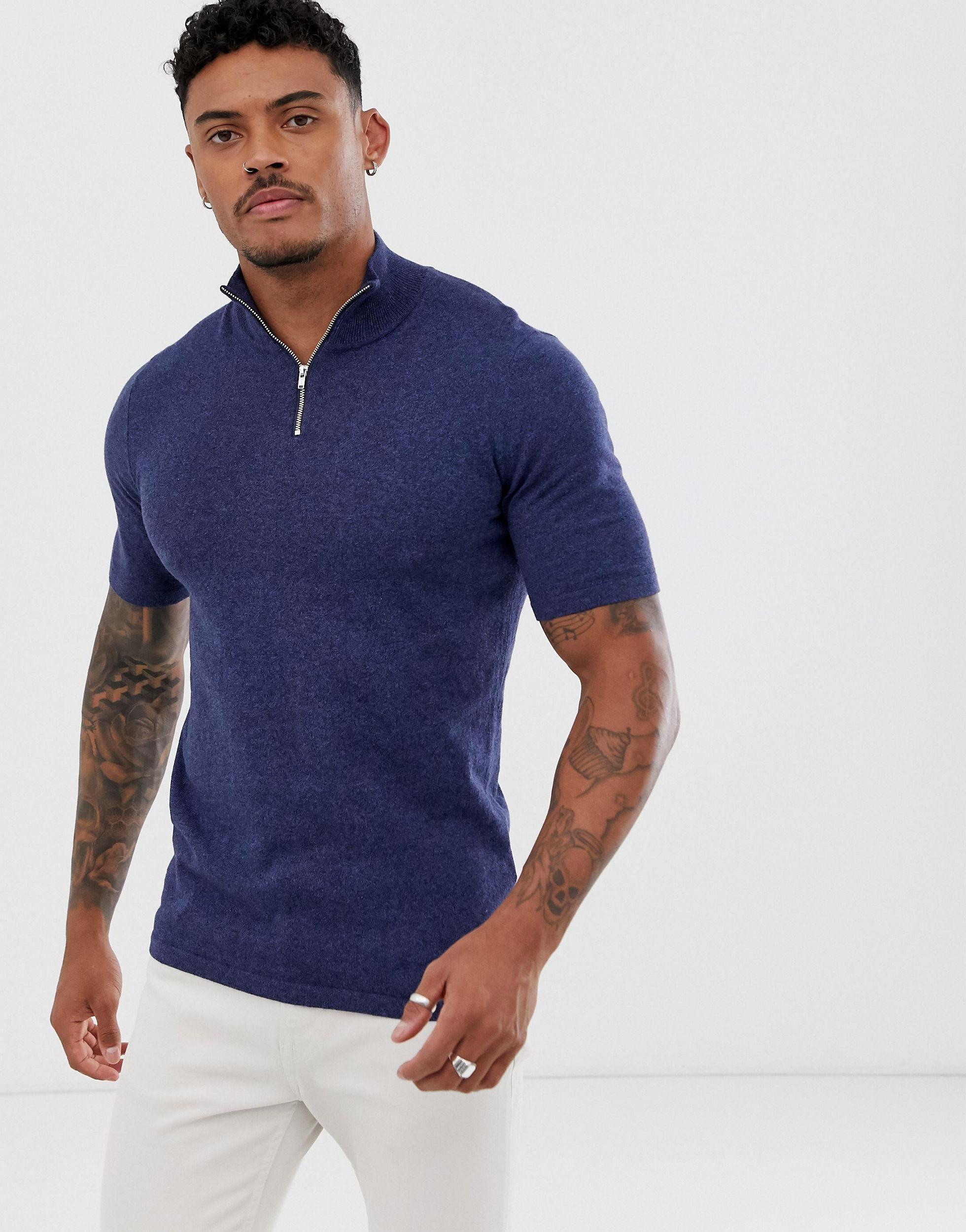 ASOS Cotton Knitted Half Zip T-shirt in Navy (Blue) for Men - Lyst