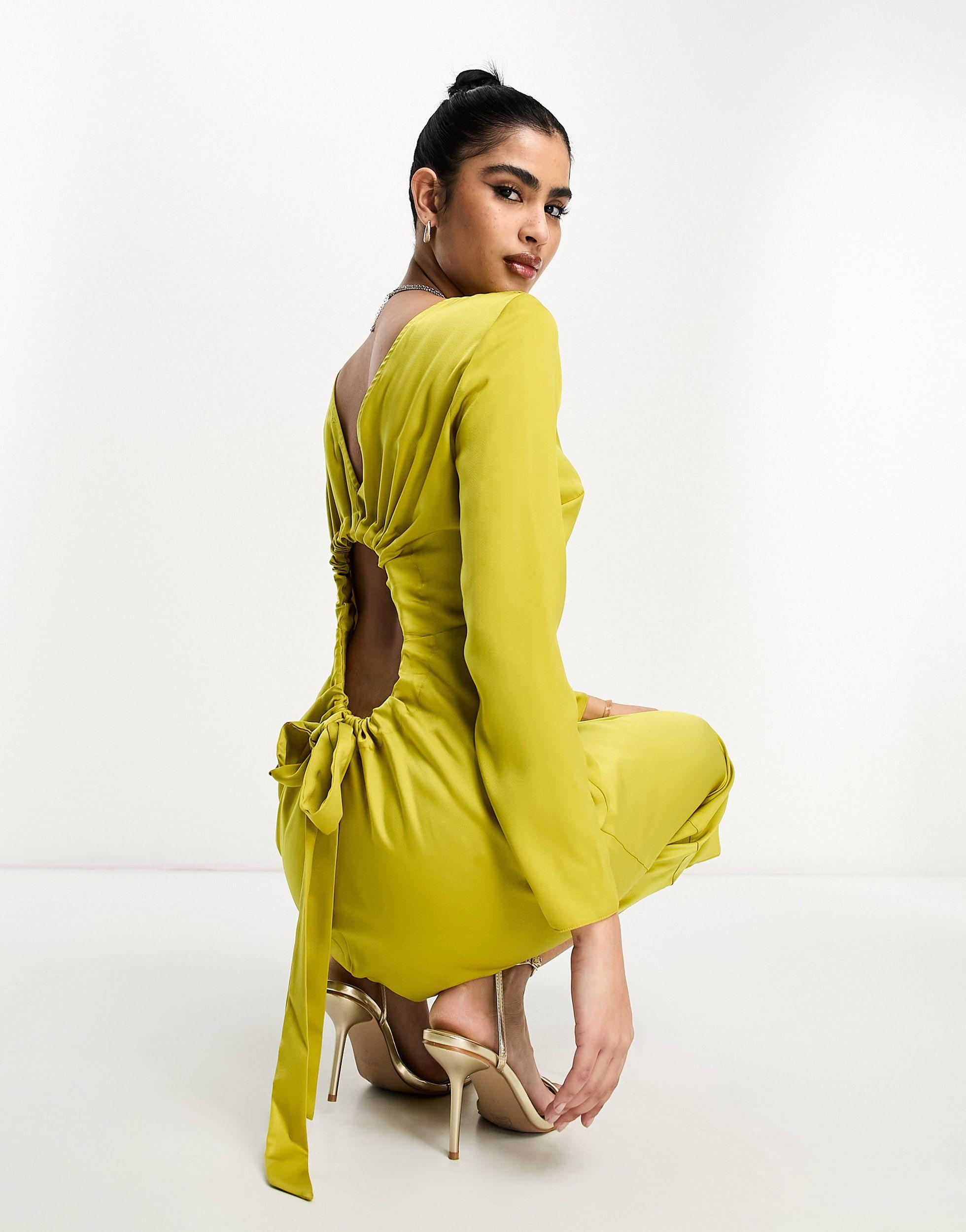 ASOS Satin Long Sleeve Maxi Dress With Drawstring Back in Yellow | Lyst