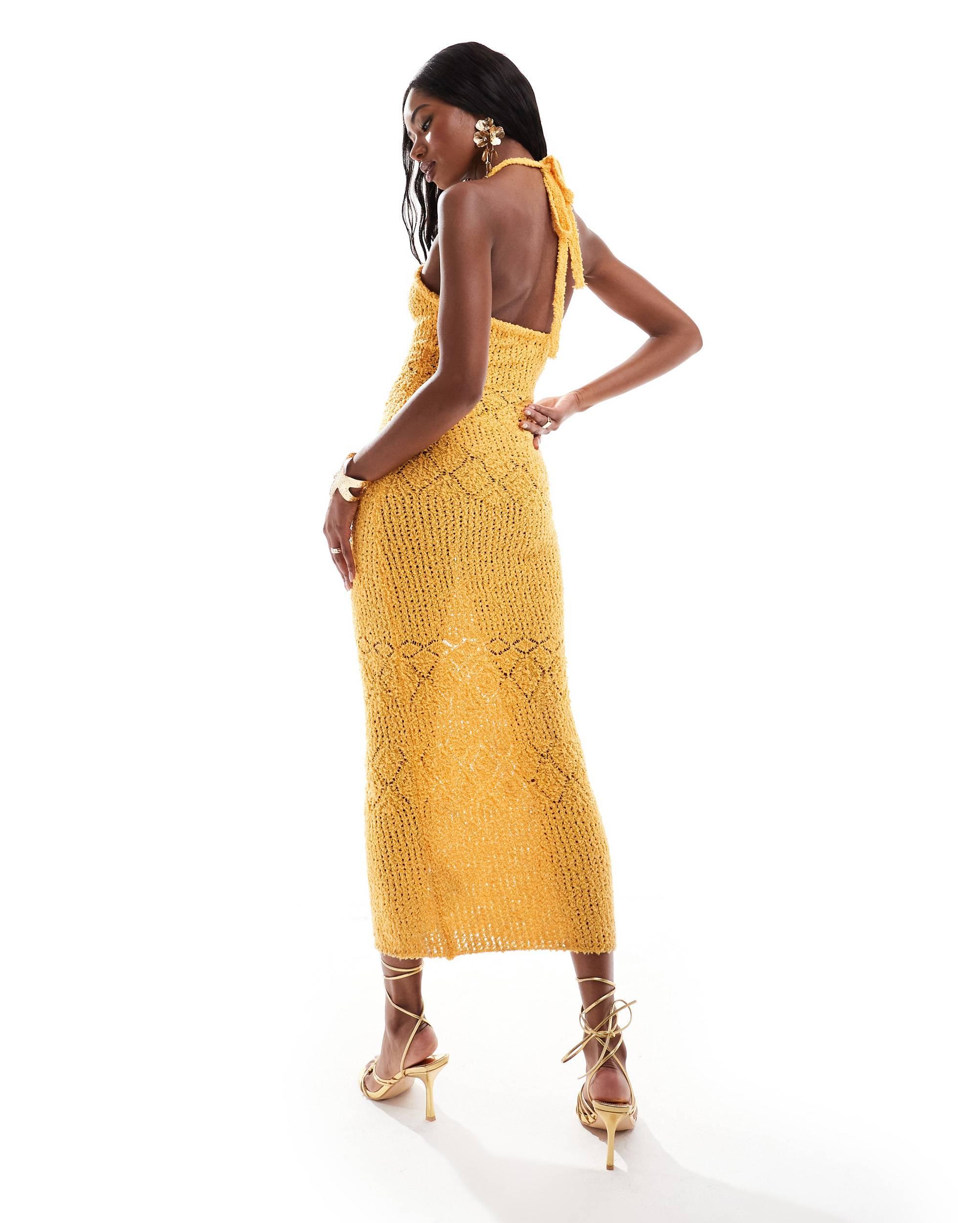 Bershka Textured Halterneck Knitted Maxi Dress in Metallic | Lyst Bershka Textured Halterneck Knitted Maxi Dress in Metallic | Lyst