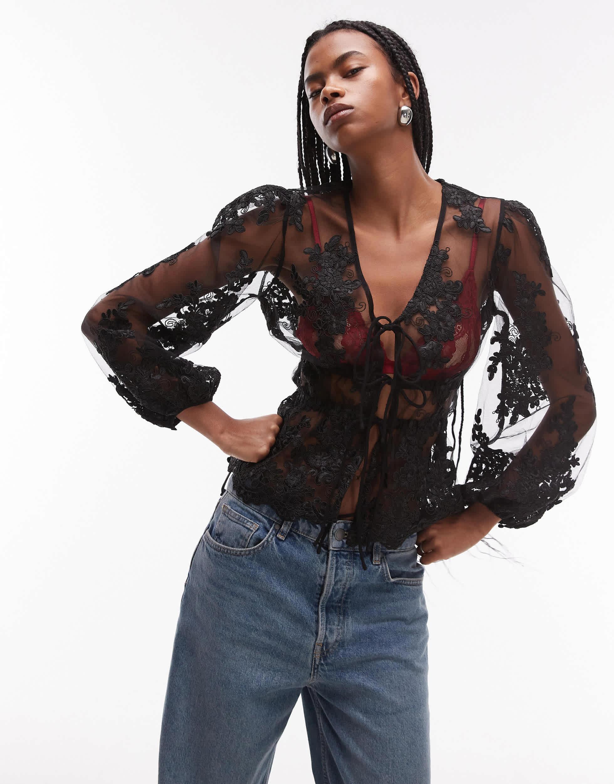 TOPSHOP Sheer Floral Lace Puff Sleeve Top in Black | Lyst