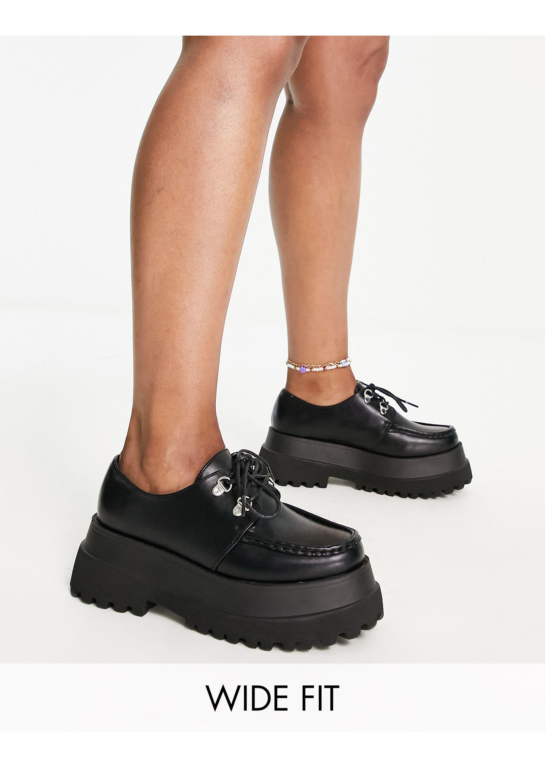 ASOS Wide Fit Memphis Chunky Lace Up Flat Shoes in Black | Lyst Canada