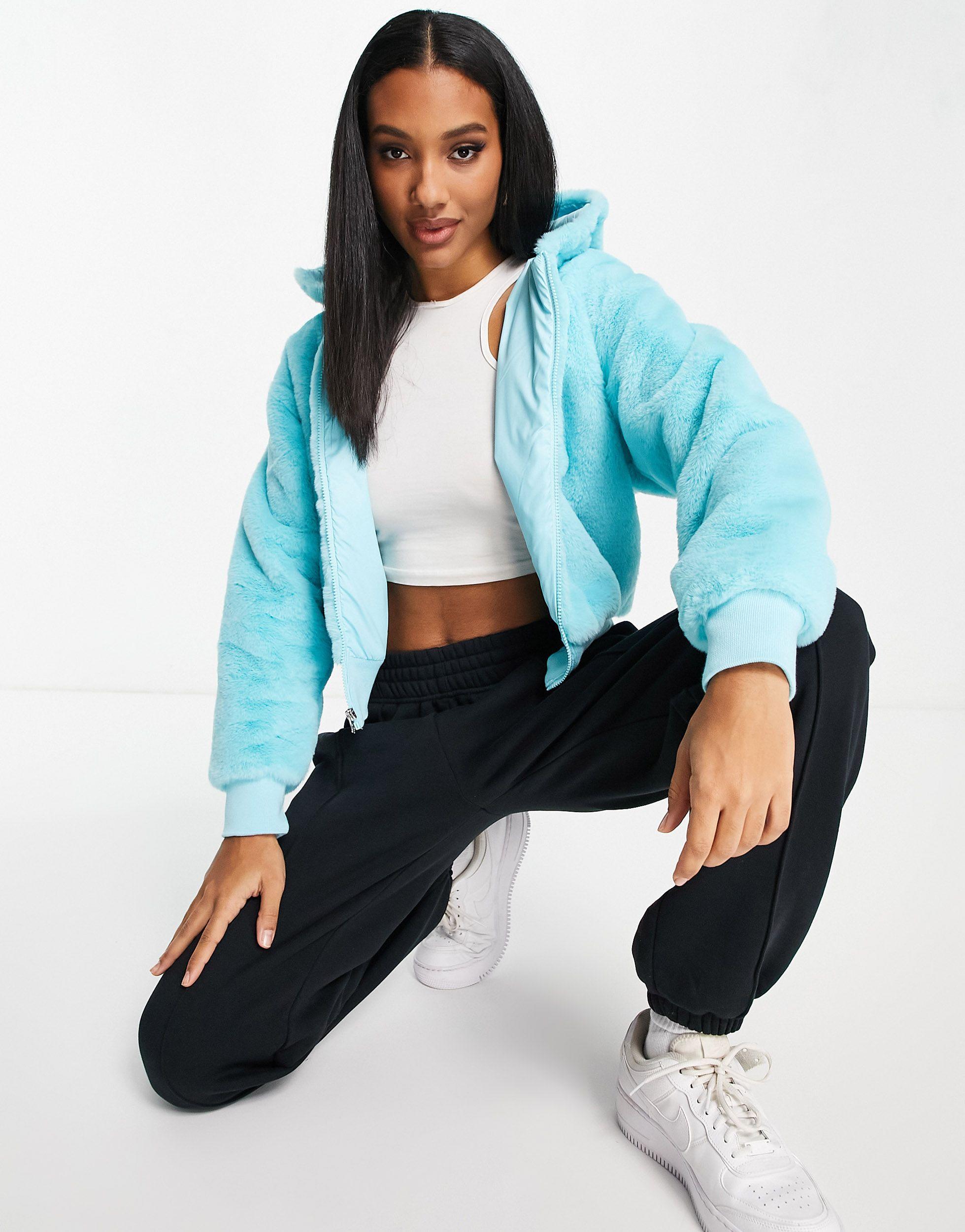 Nike Essentials Faux Fur Hooded Jacket in Blue | Lyst
