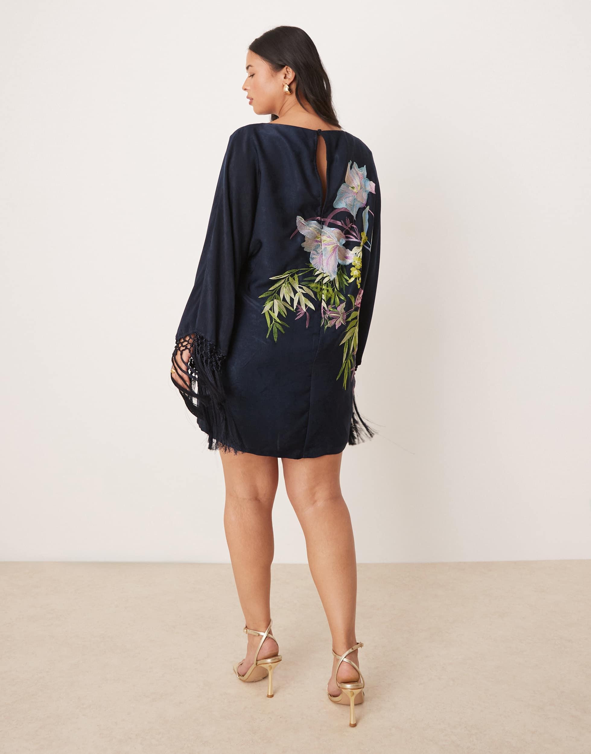 asos curve embroidered dress ASOS EDITION Curve floral embroidered mesh mini dress with blouson sleeve SZ 18