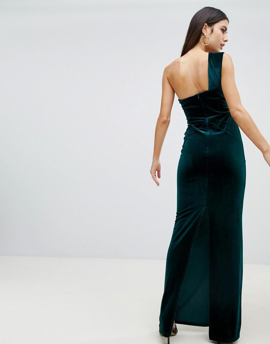 one shoulder velvet maxi dress