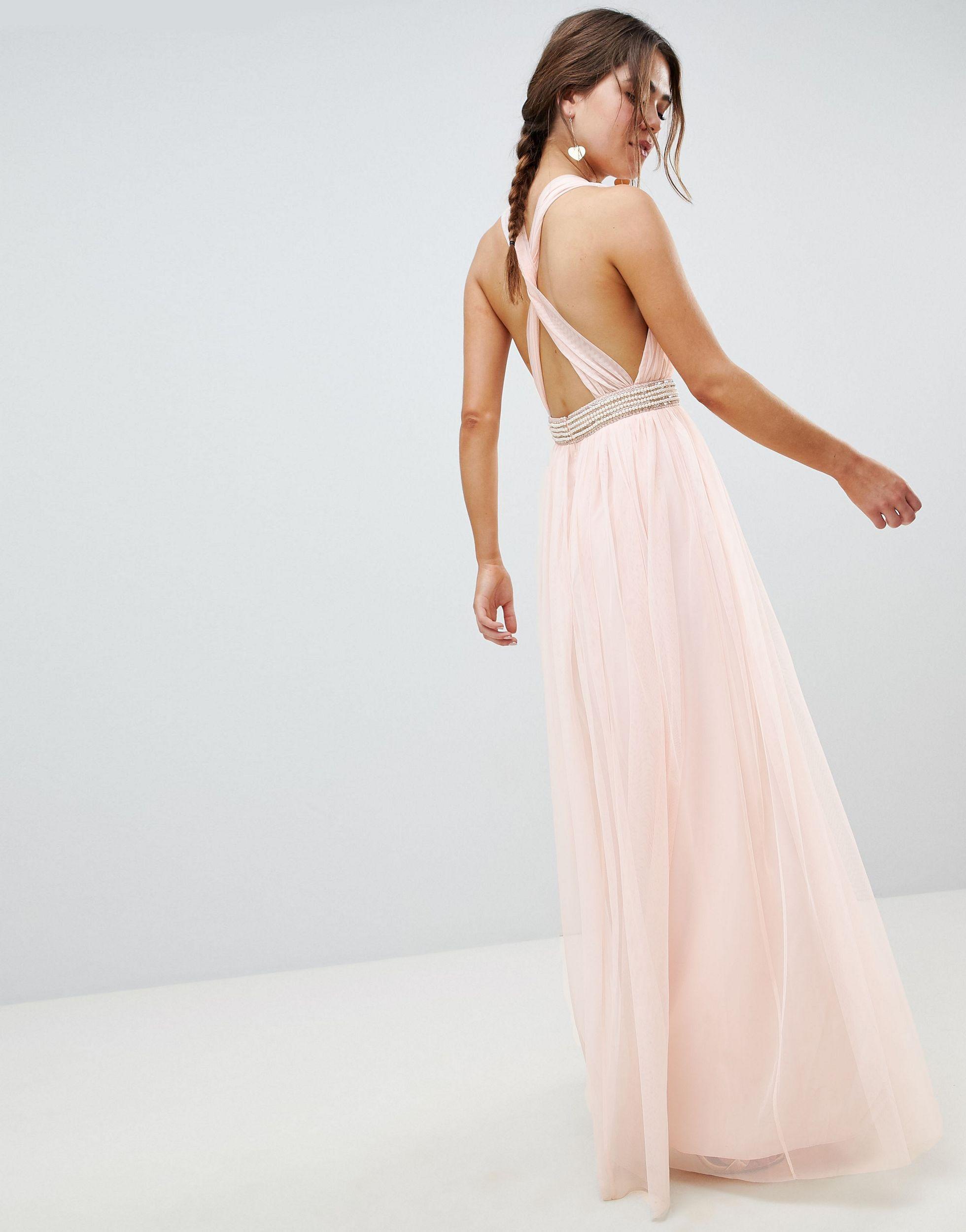 ASOS Tulle Maxi Dress With Embellished Waist in Pink | Lyst
