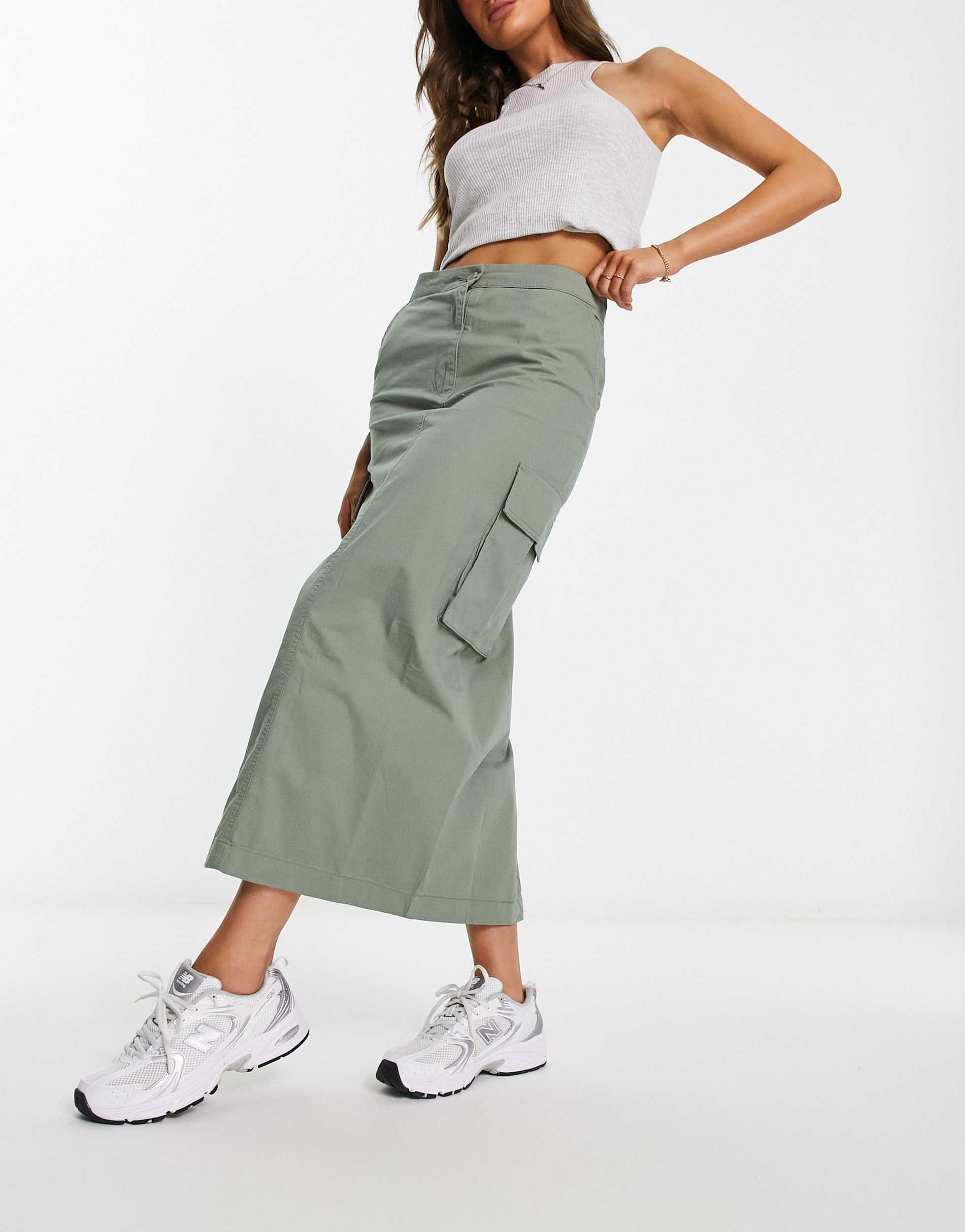 Monki Cargo Midi Skirt With Front Pockets in Green Lyst