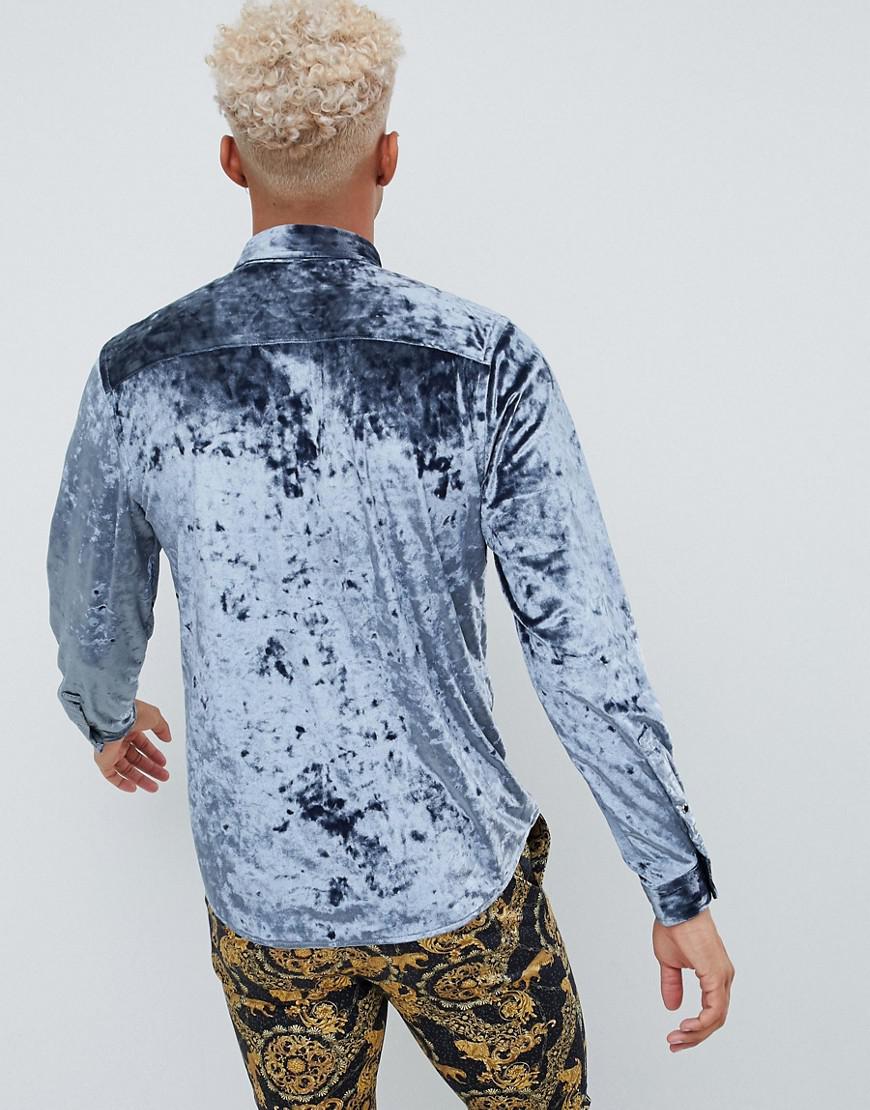 ASOS Regular Fit Crushed Velvet Shirt In Blue for Men Lyst
