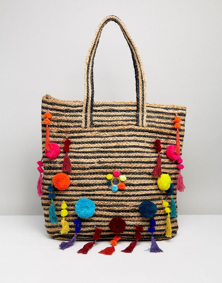 Straw Beach Bag Tote With Black Pom Poms IUCN Water