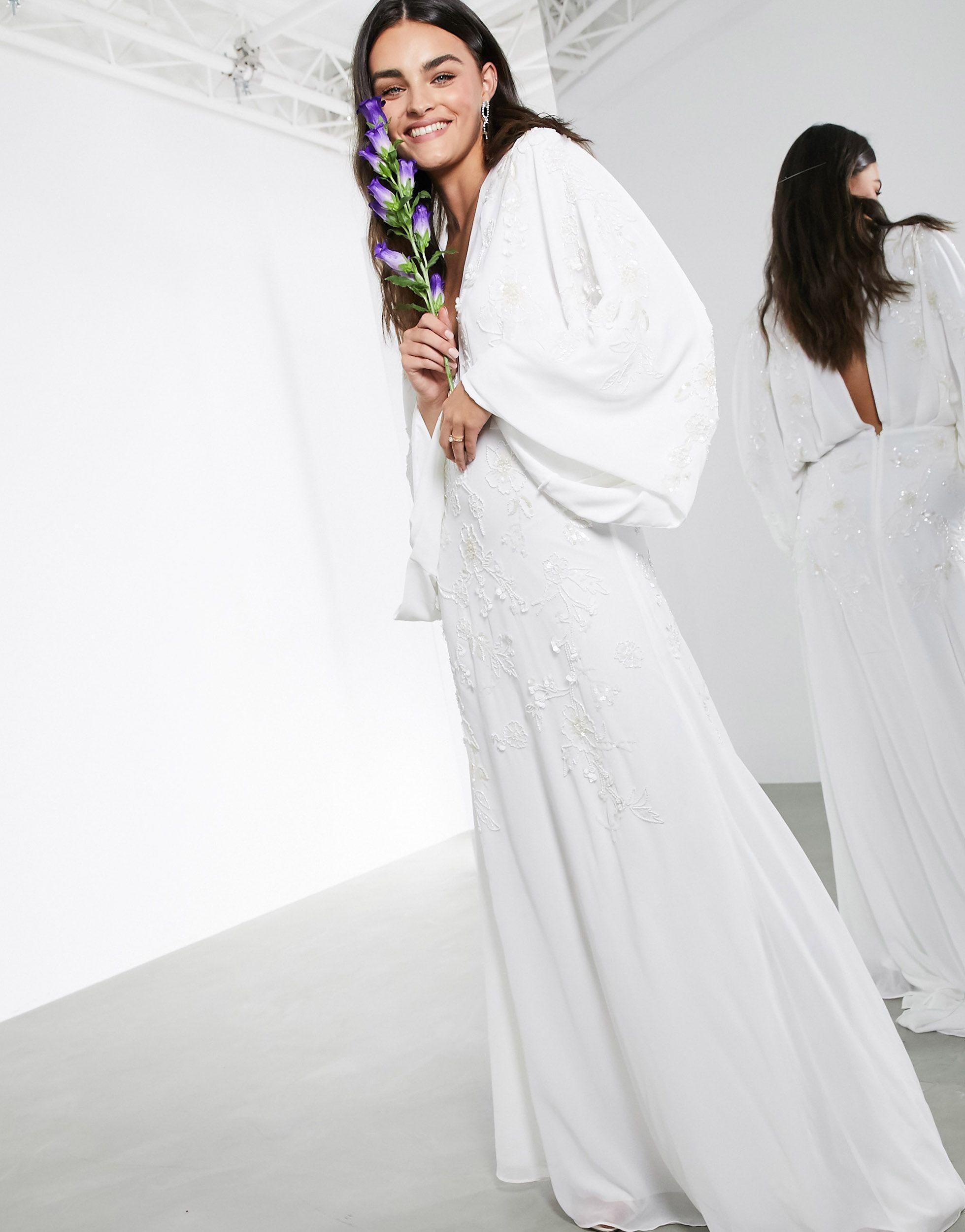 ASOS Lisa Drape Sleeve Plunge Wedding Dress With Floral Embellishment in  White | Lyst
