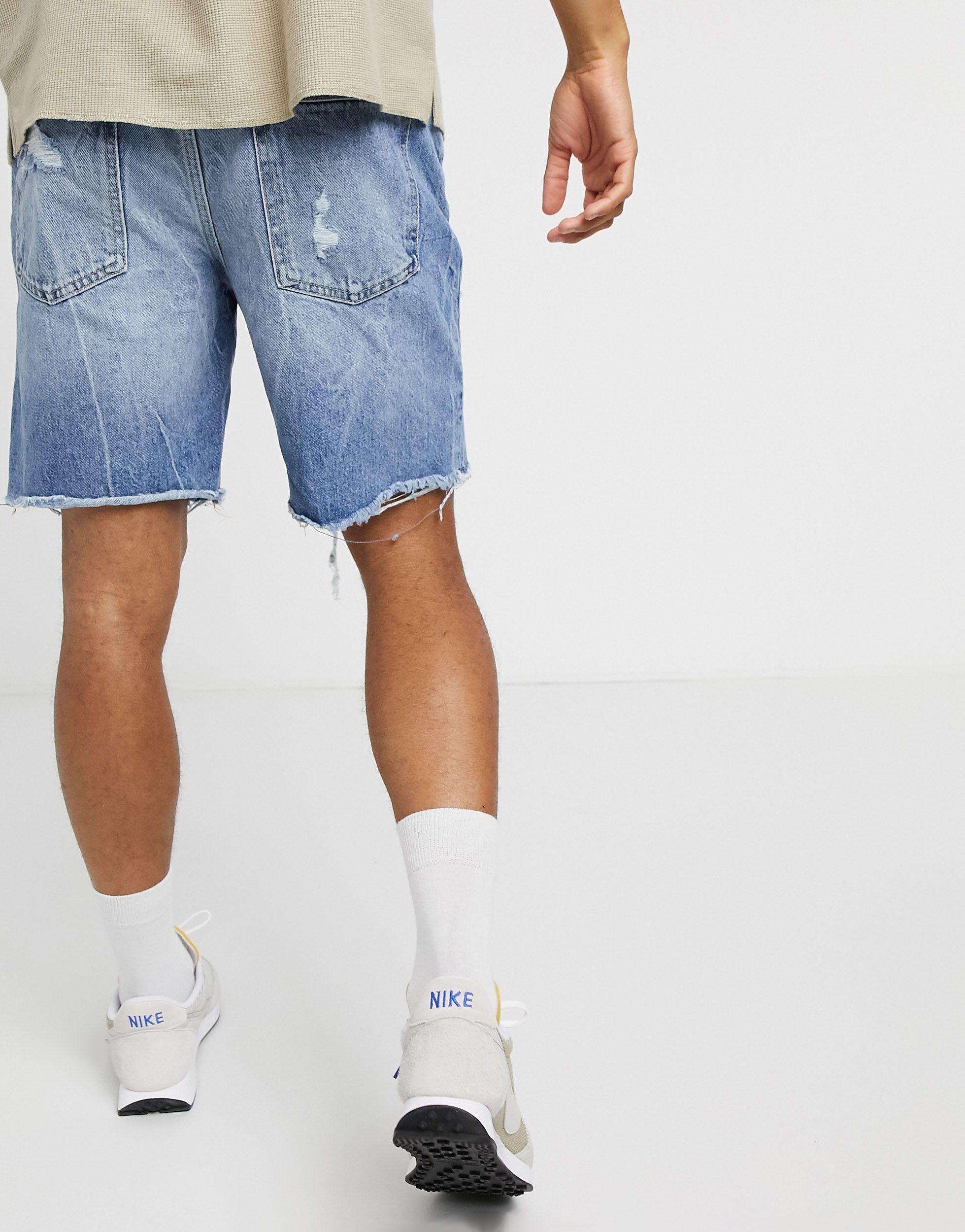 Bershka Slim Denim Shorts With Rips in Blue for Men | Lyst