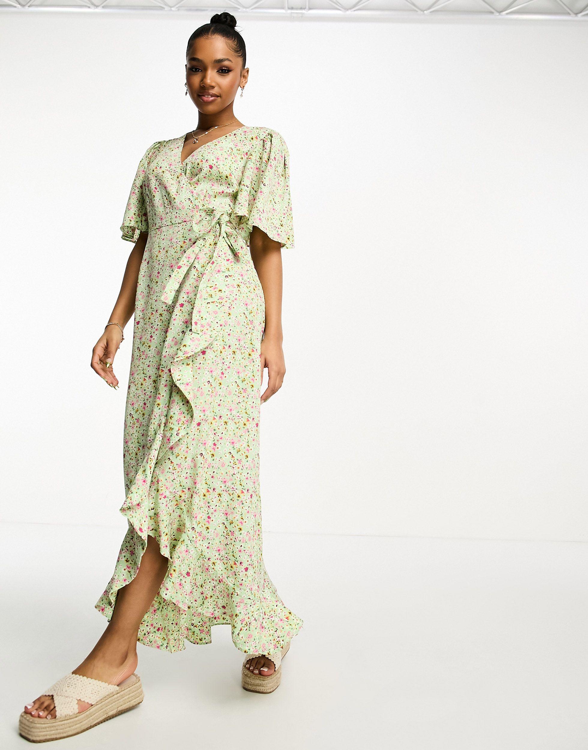 Vero Moda Wrap Front Maxi Tea Dress in Green | Lyst