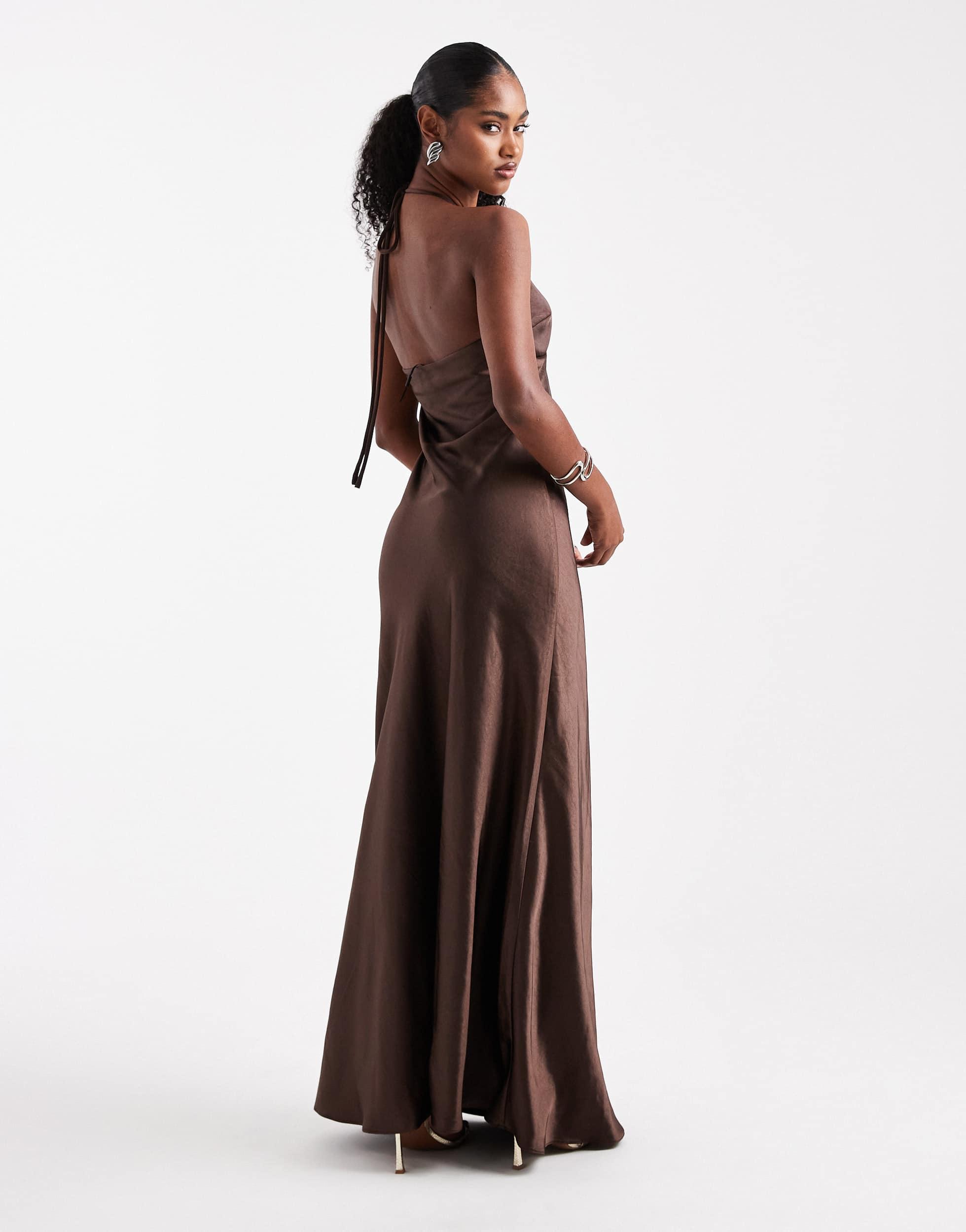 brown bridesmaid dresses satin Chocolate Brown Satin Bandeau Arden Maxi Dress main image 1