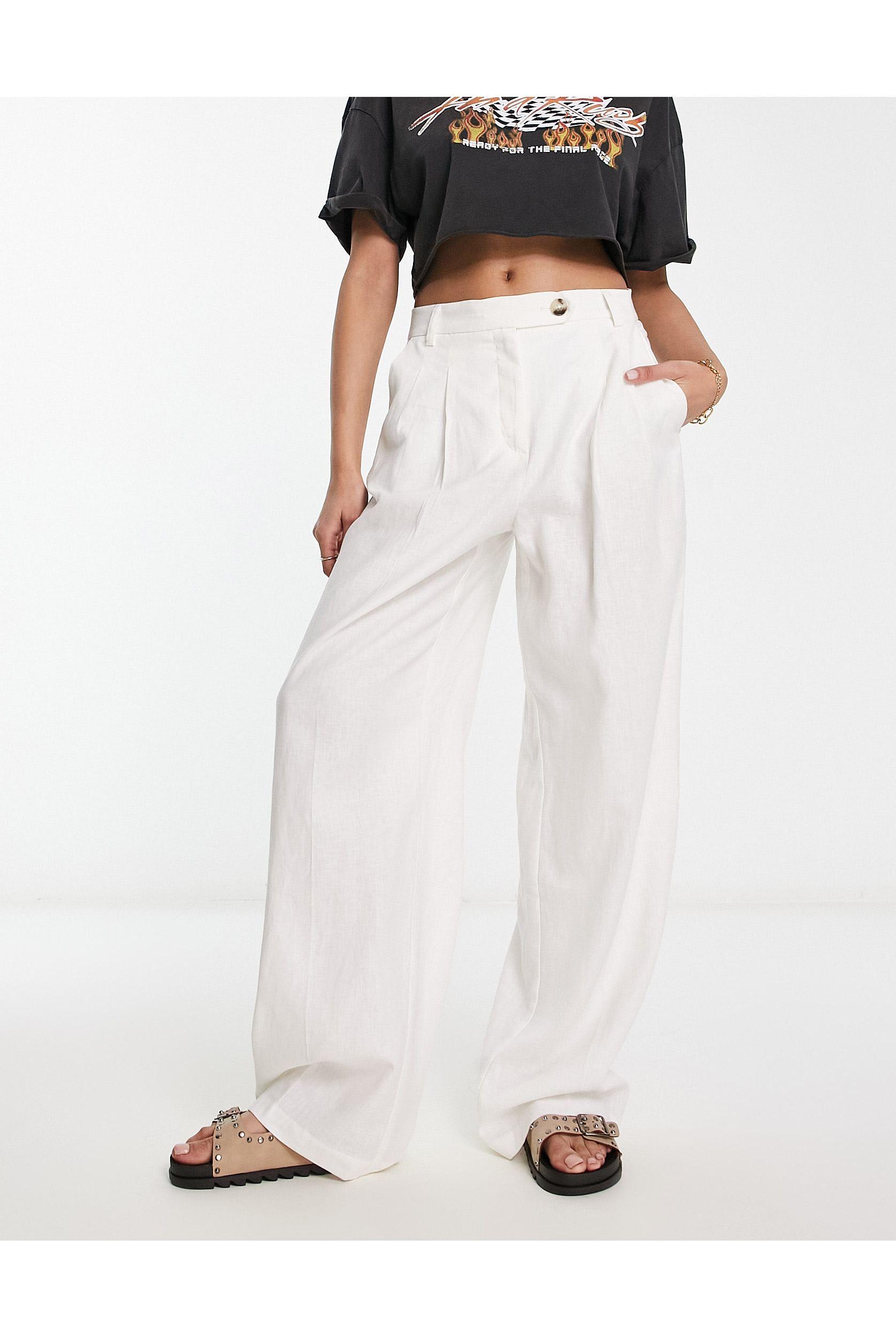 High Waisted Wide Linen Trousers White Lyst