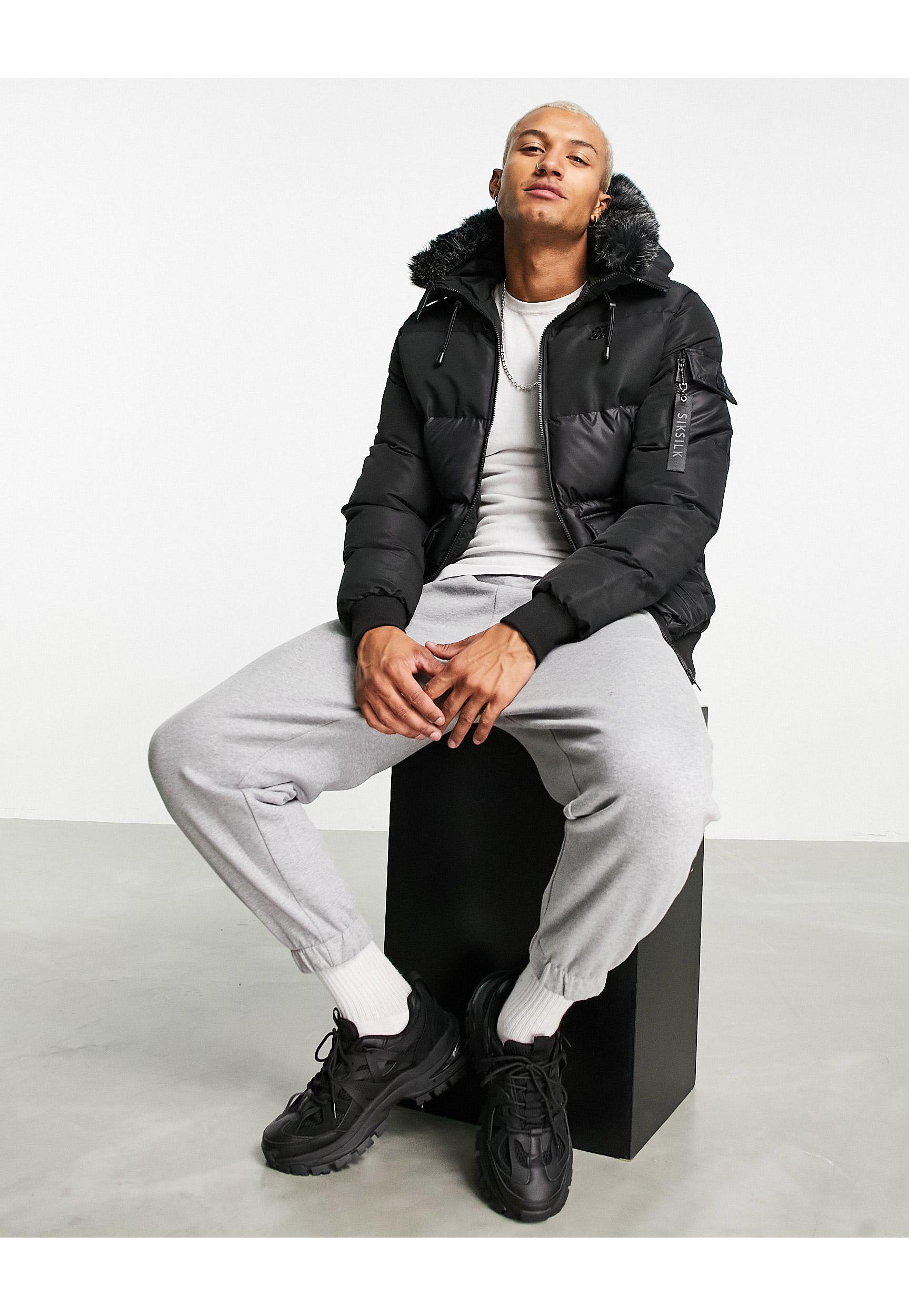 SIKSILK Distance Padded Jacket With Faux Fur Hood in Black for | Lyst