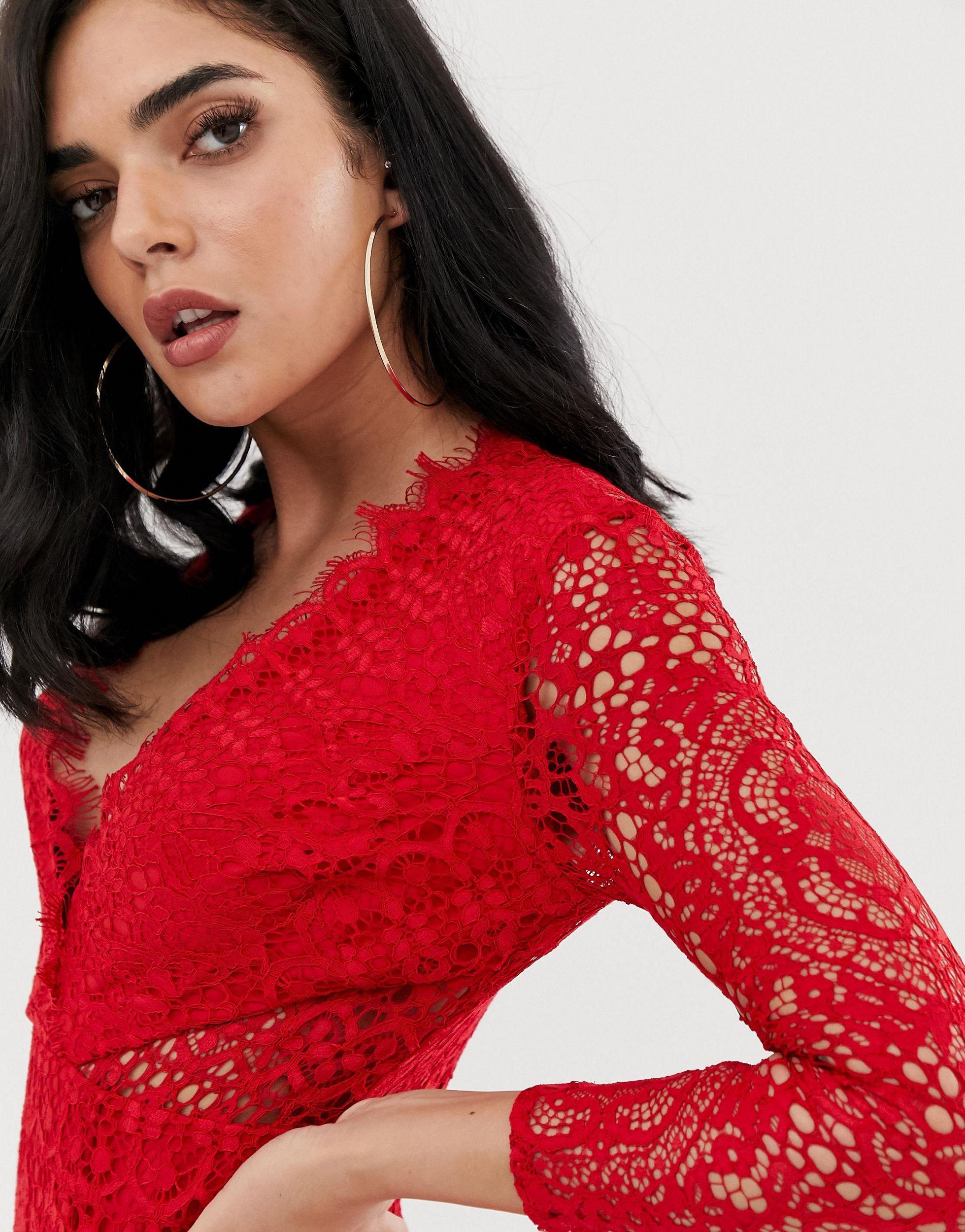 ASOS Asos Long Sleeve Lace Midi Pencil Dress in Red Lyst UK