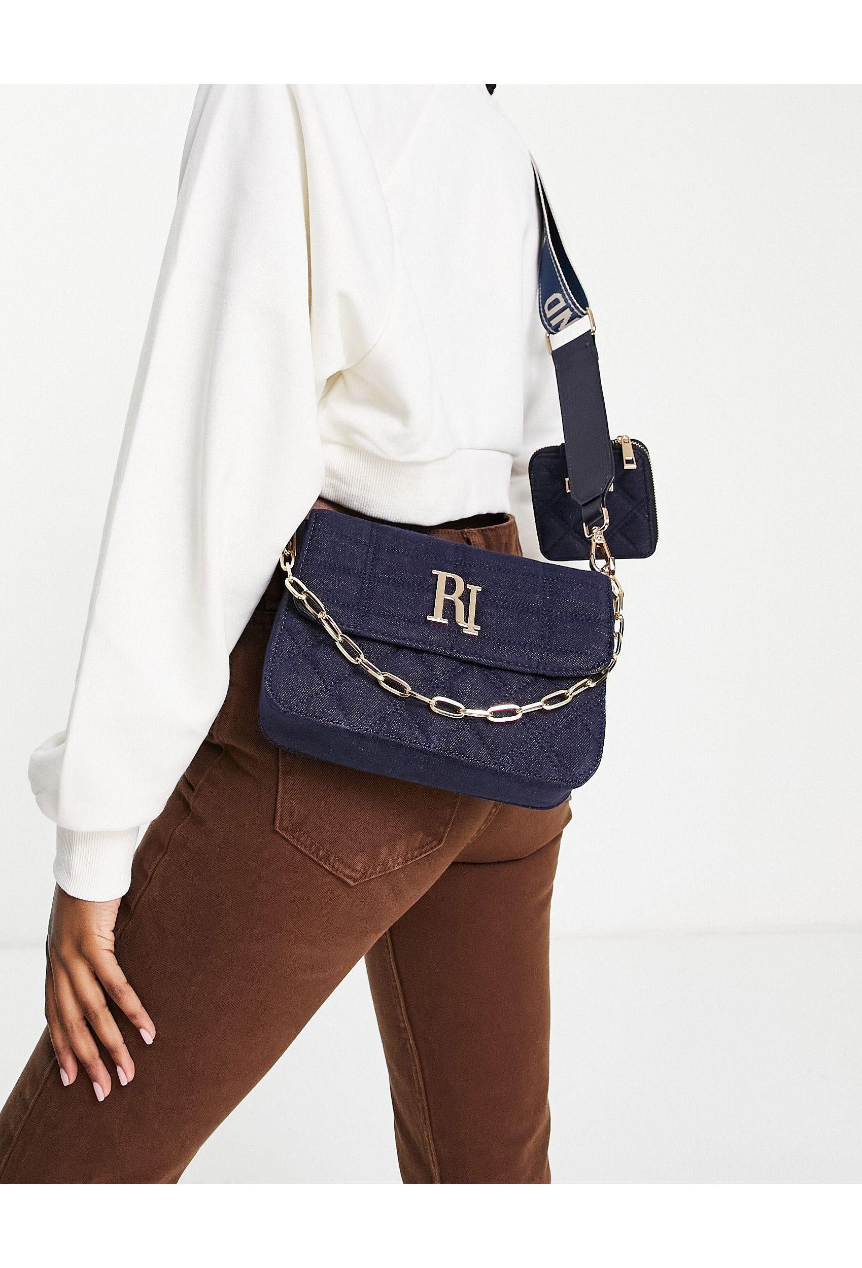 River Island Quilted Denim Double Cross Body Bag in Navy (Blue) | Lyst