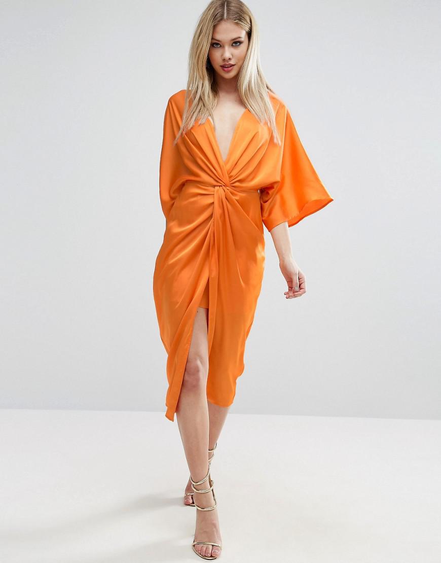 ASOS Synthetic Kimono Twist Front Midi Dress in Orange | Lyst UK
