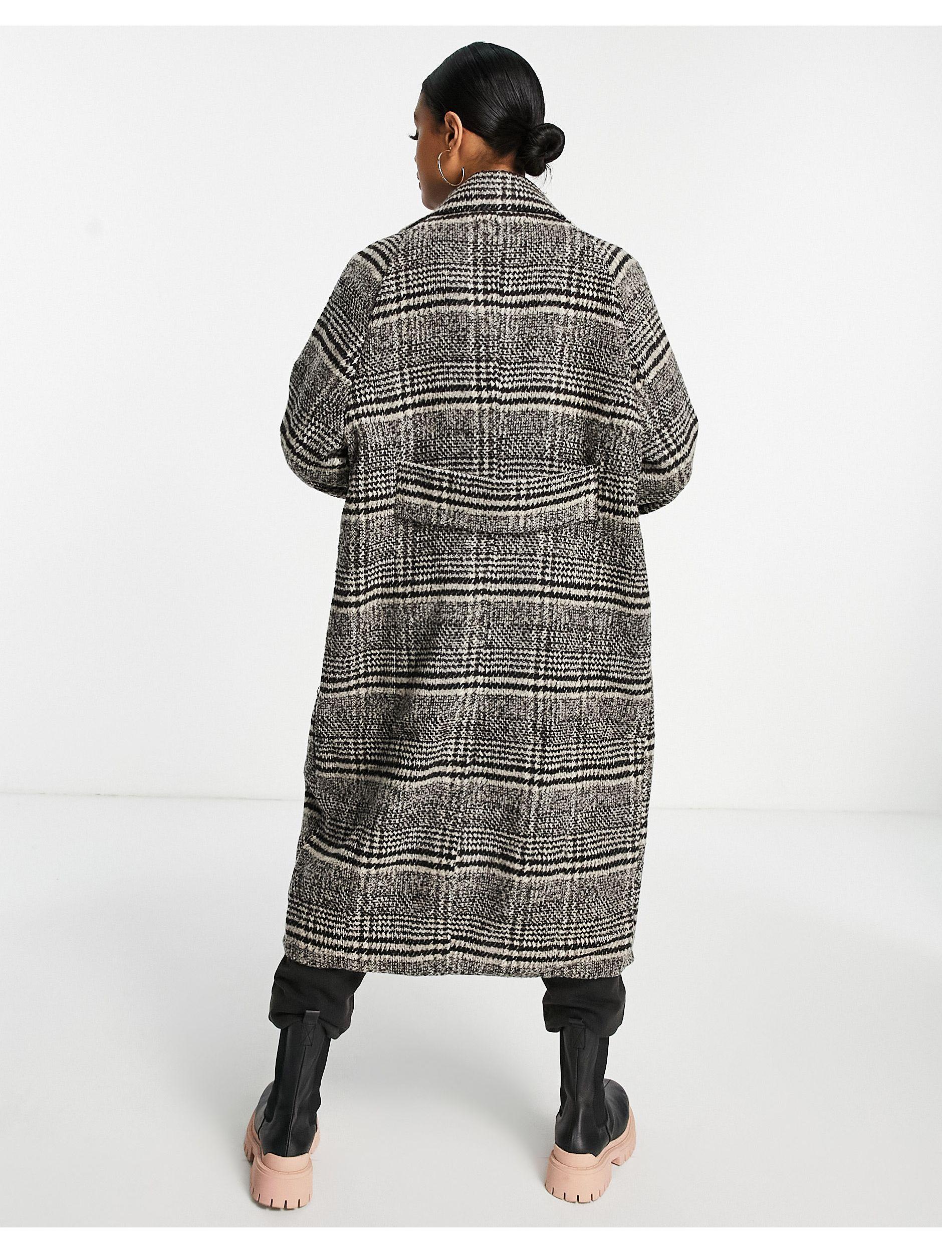 Synthetic Check Print Oversized Coat 
