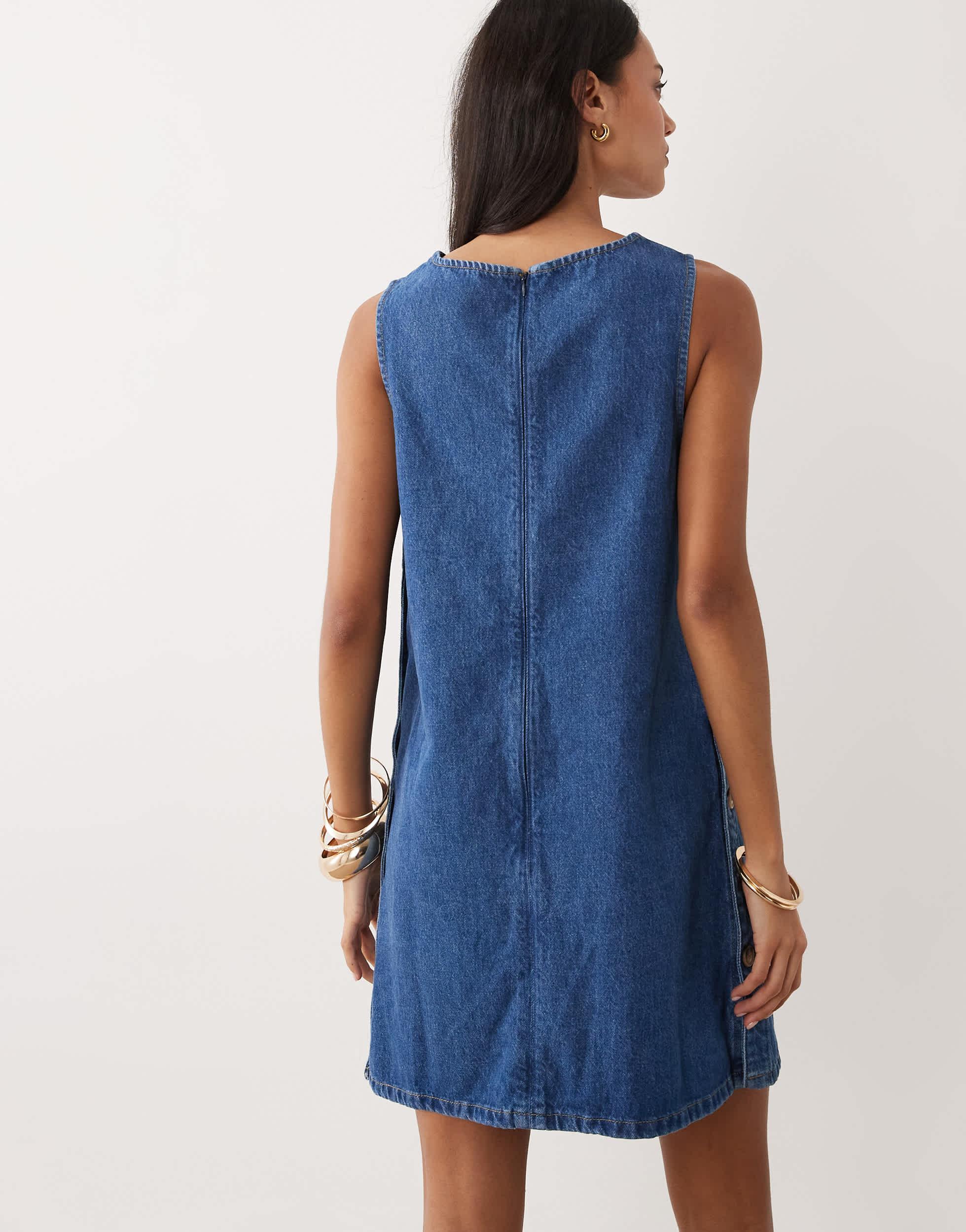 denim pinafore dress knee length Pinafore Denim Dress Stretch Knee Length Button Front Light Wash US Sizes 4-14