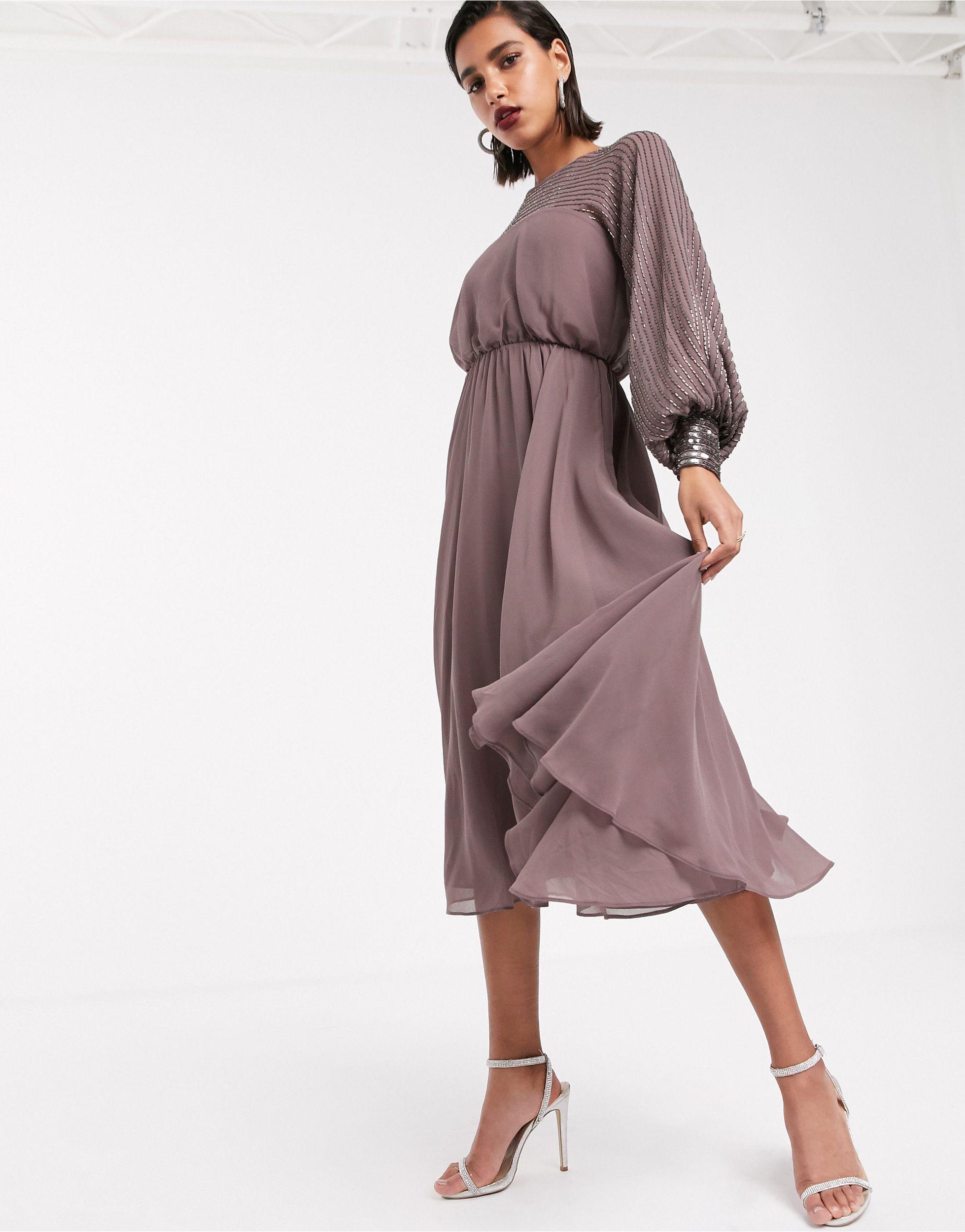 ASOS Midi Dress With Linear Yoke Embellishment in Brown | Lyst