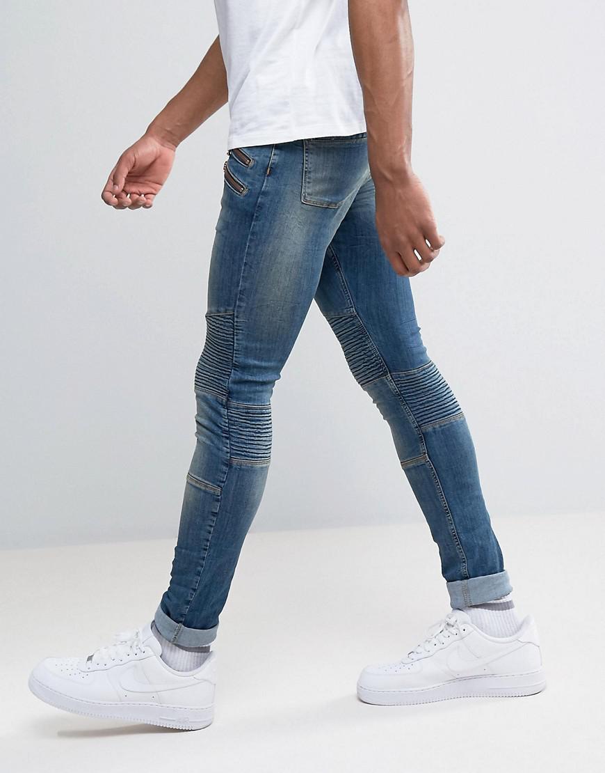 Asos Denim Tall Super Skinny Jeans With Double Zip And Biker Details In Mid Blue Wash For Men Lyst