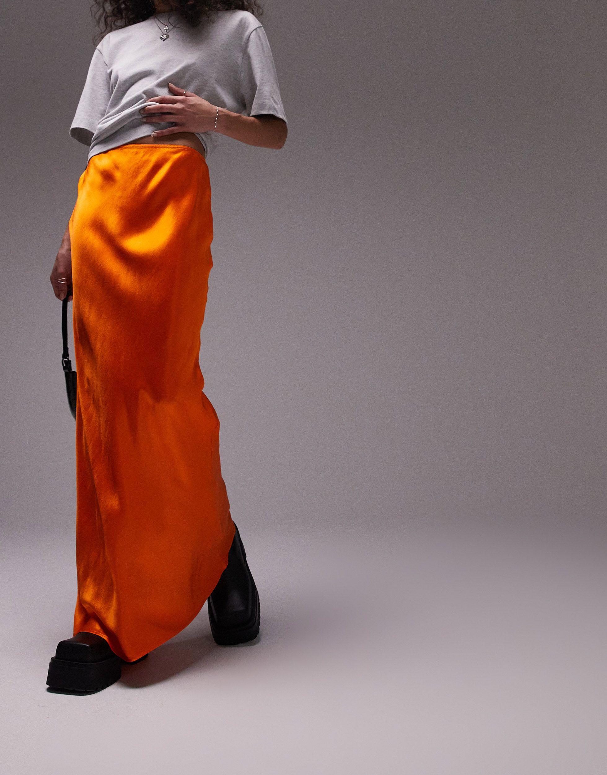 TOPSHOP Satin Bias Maxi Skirt in Orange | Lyst