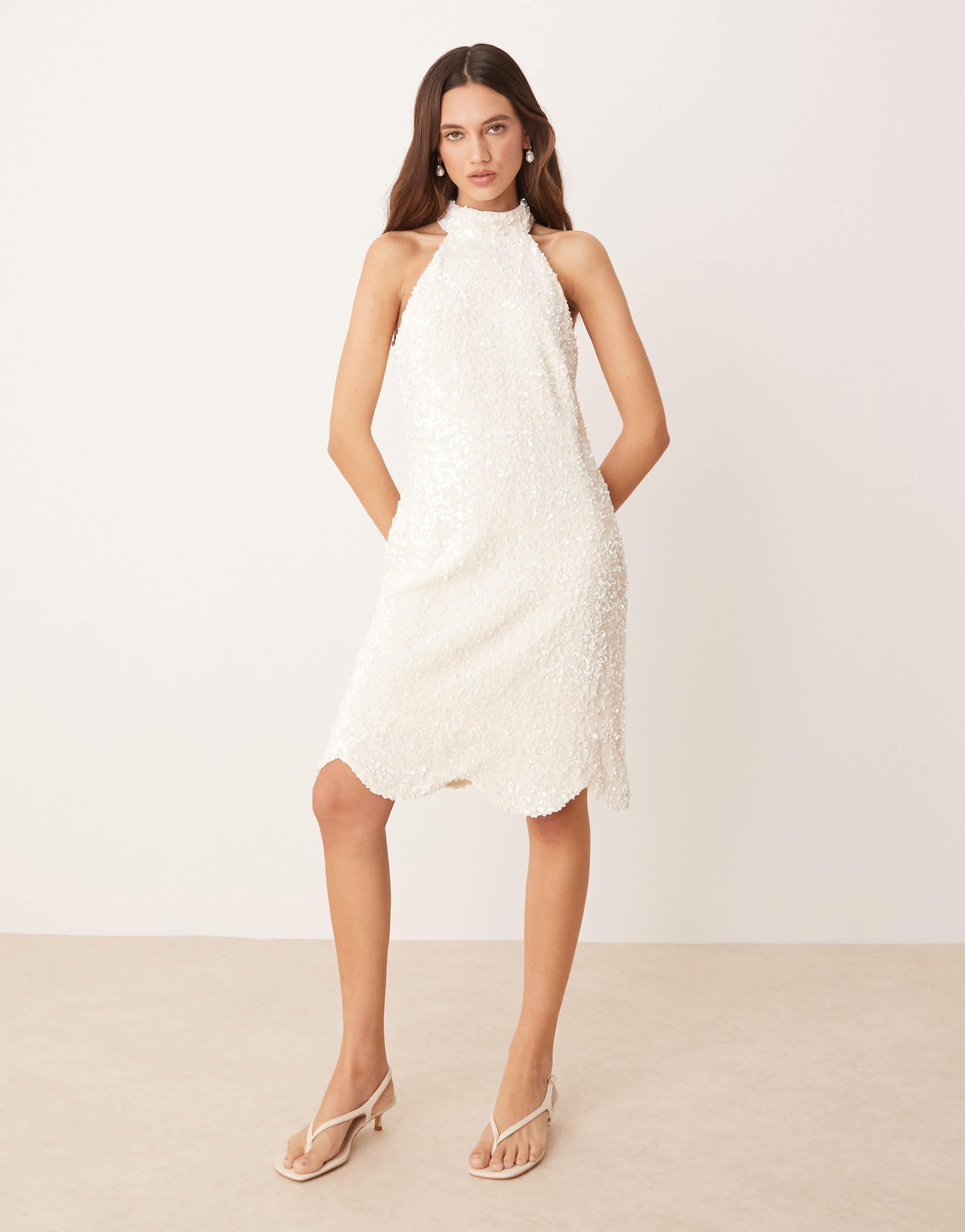 white sequin mesh dress Mint Velvet White Sequin Mesh Midi Dress | Size L | White | Sleeveless