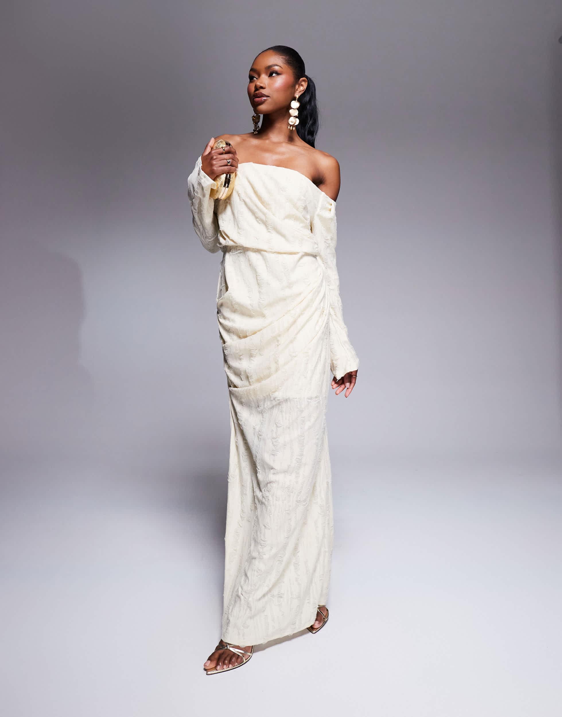 fitted lace wedding dress Pretty Perfect White Maternity Ruched Mesh Bardot Maxi Dress – Club L  London