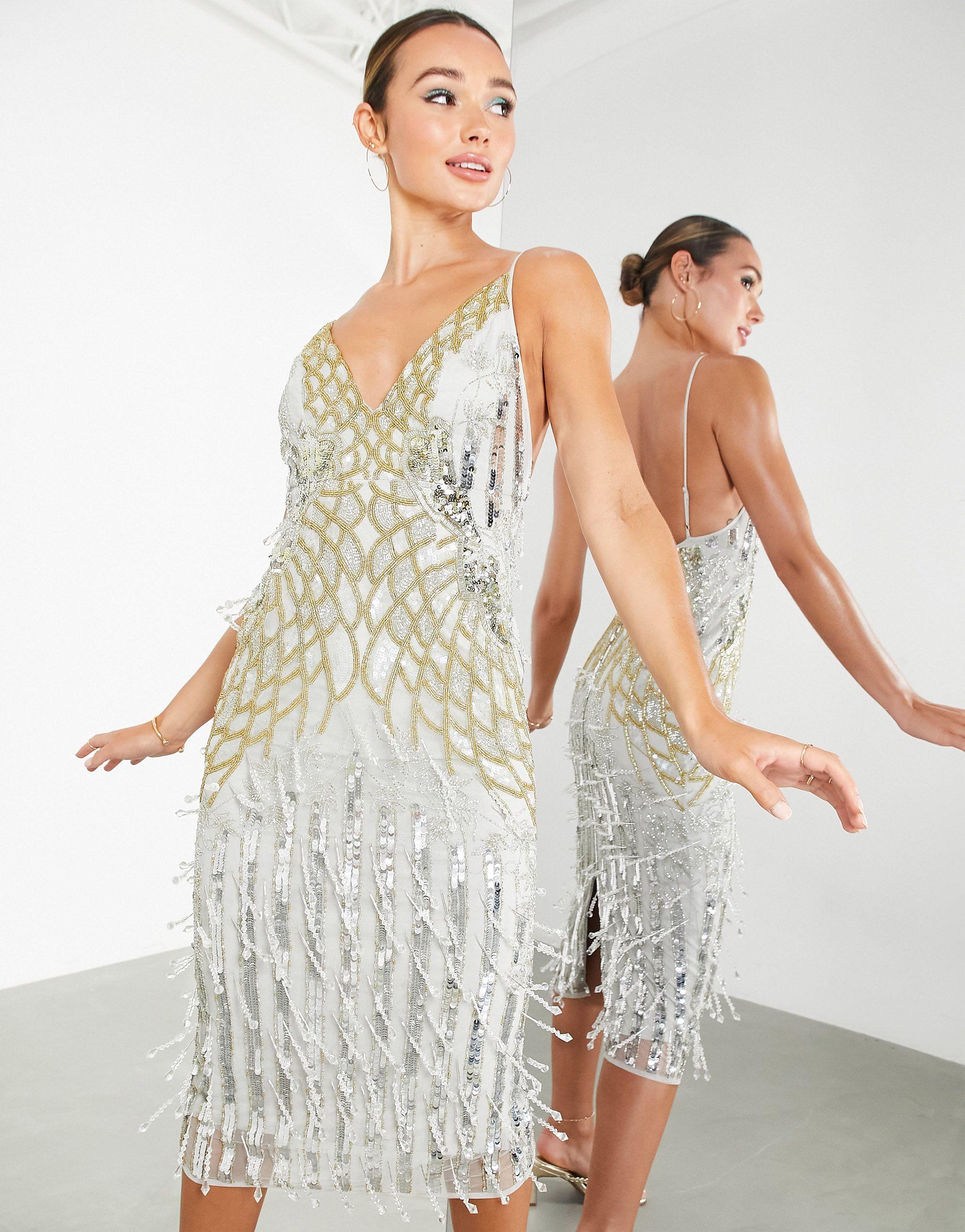 ASOS Crystal Fringe Cami Midi Dress in Metallic | Lyst