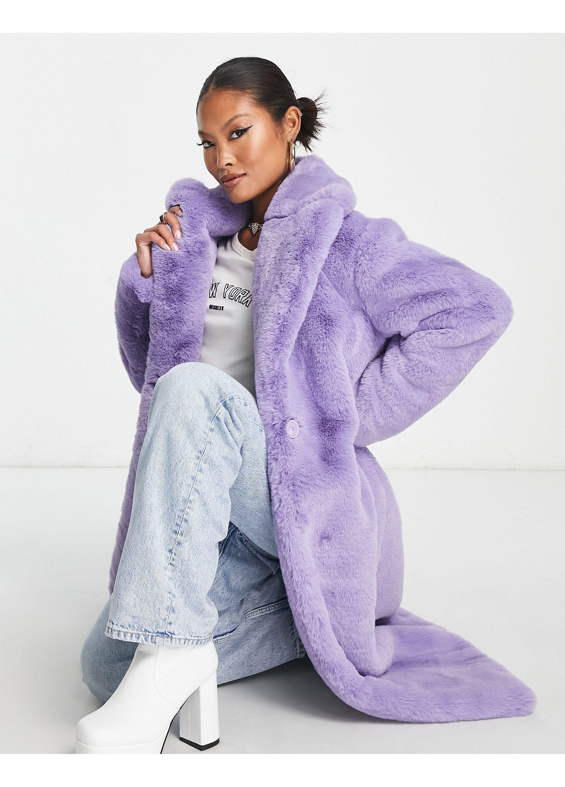 Forever New Petite Oversized Faux Fur Midi Coat in Purple | Lyst