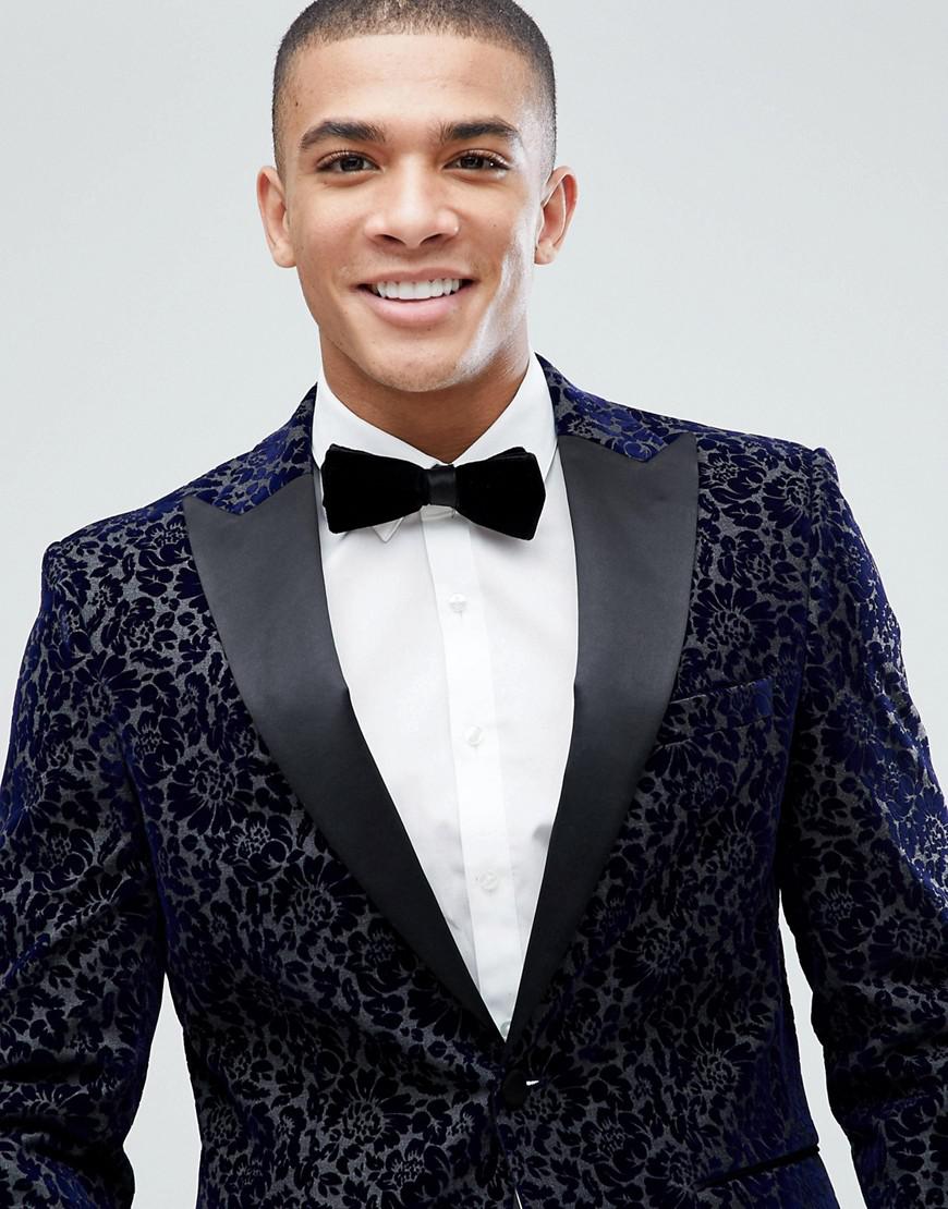 Moss Bros Moss London Skinny Blazer In Flocked Velvet In Navy Blue For Men Lyst