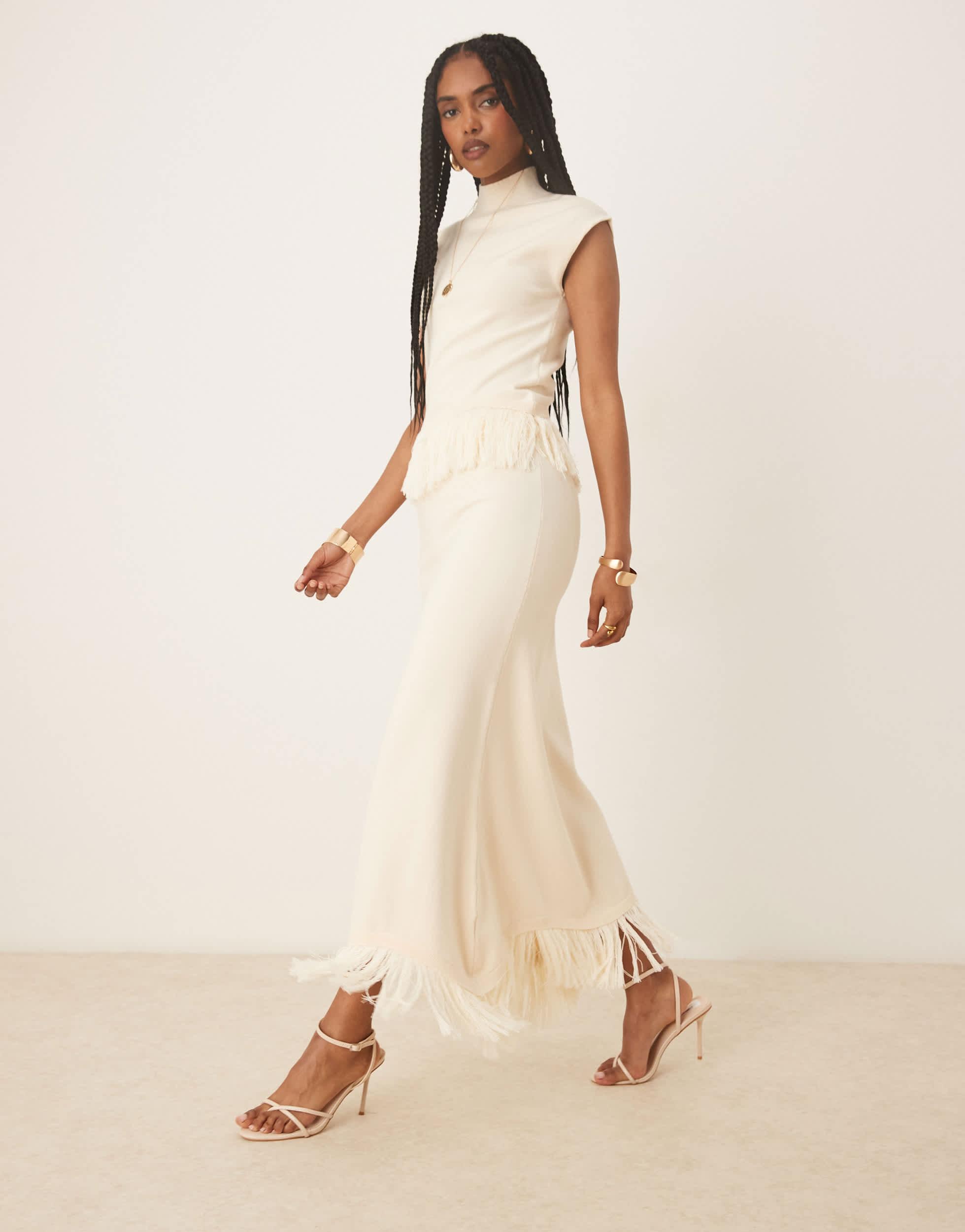 Pretty Lavish Orlendina Fringe Skirt in Natural | Lyst