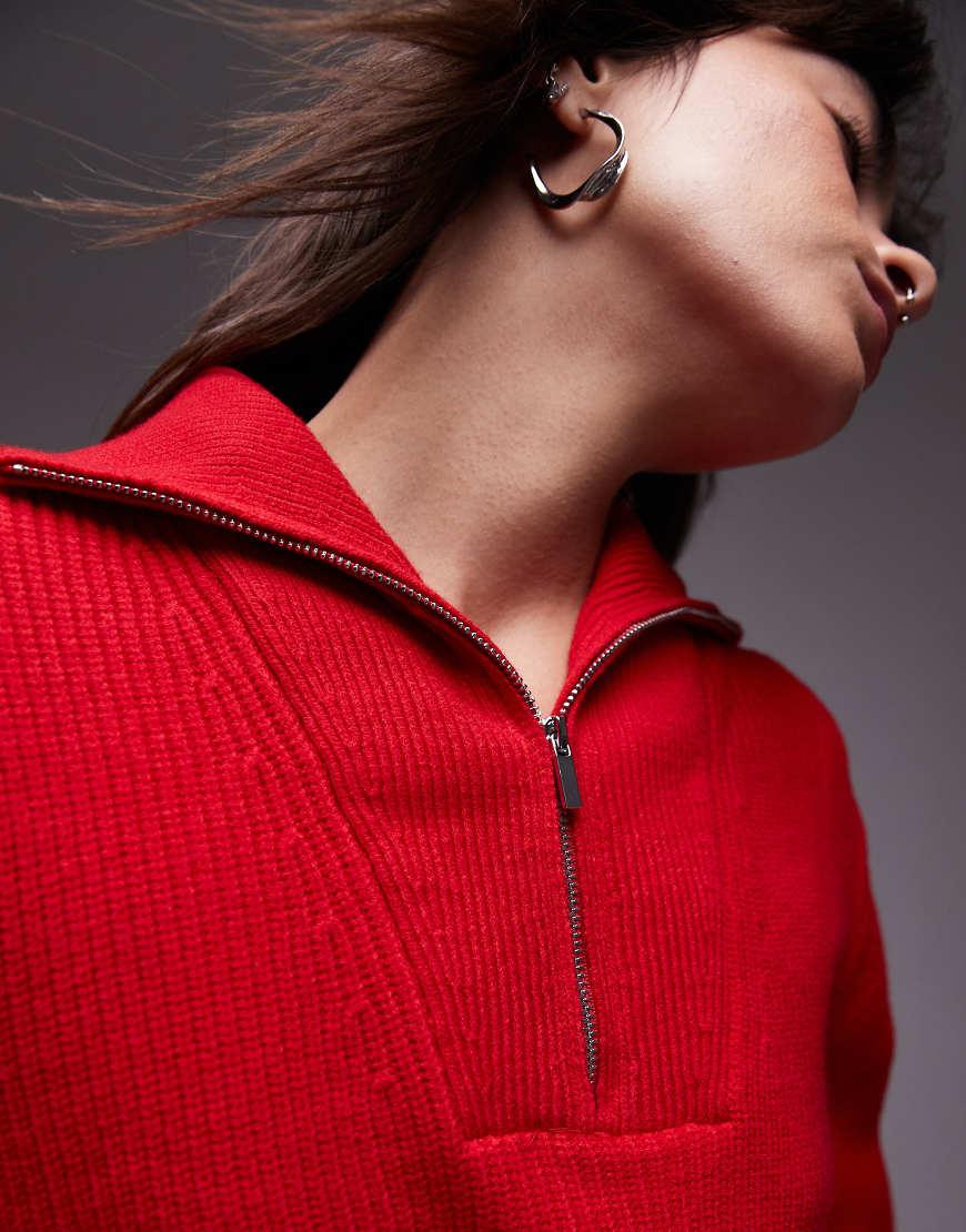 Mango Half Zip Knitted Jumper in Red Lyst UK