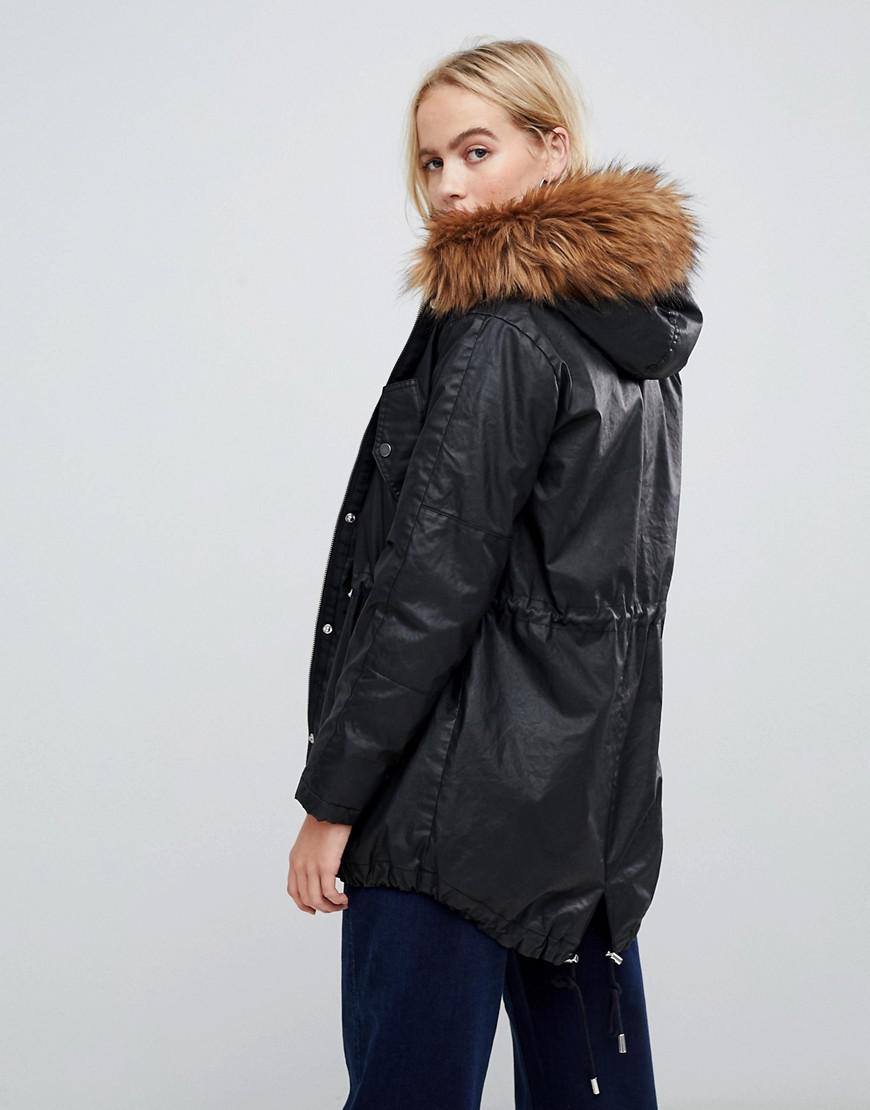 Whistles Faux Fur Lined Waxy Parka Coat 
