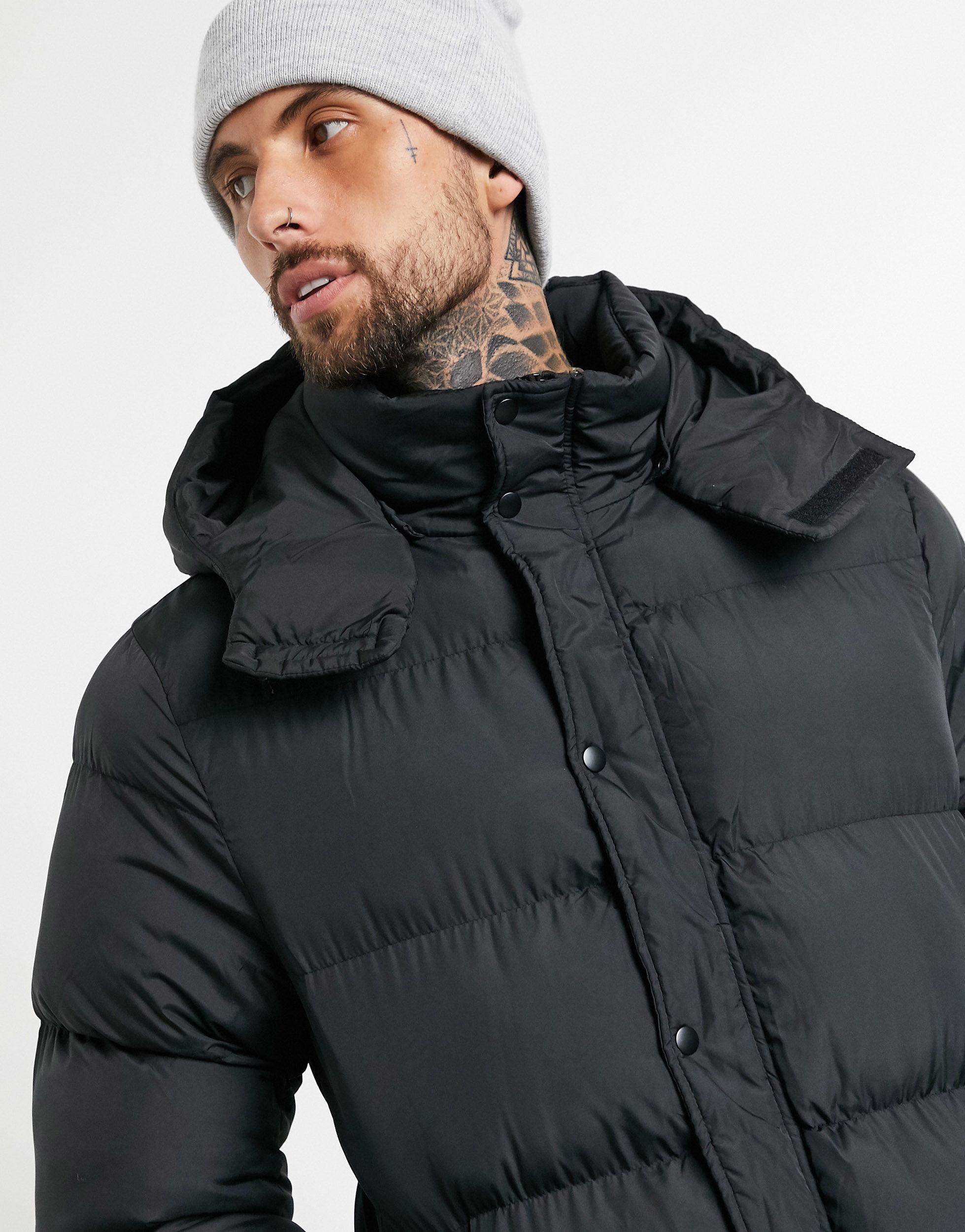 asos design sustainable puffer jacket with detachable hood in black