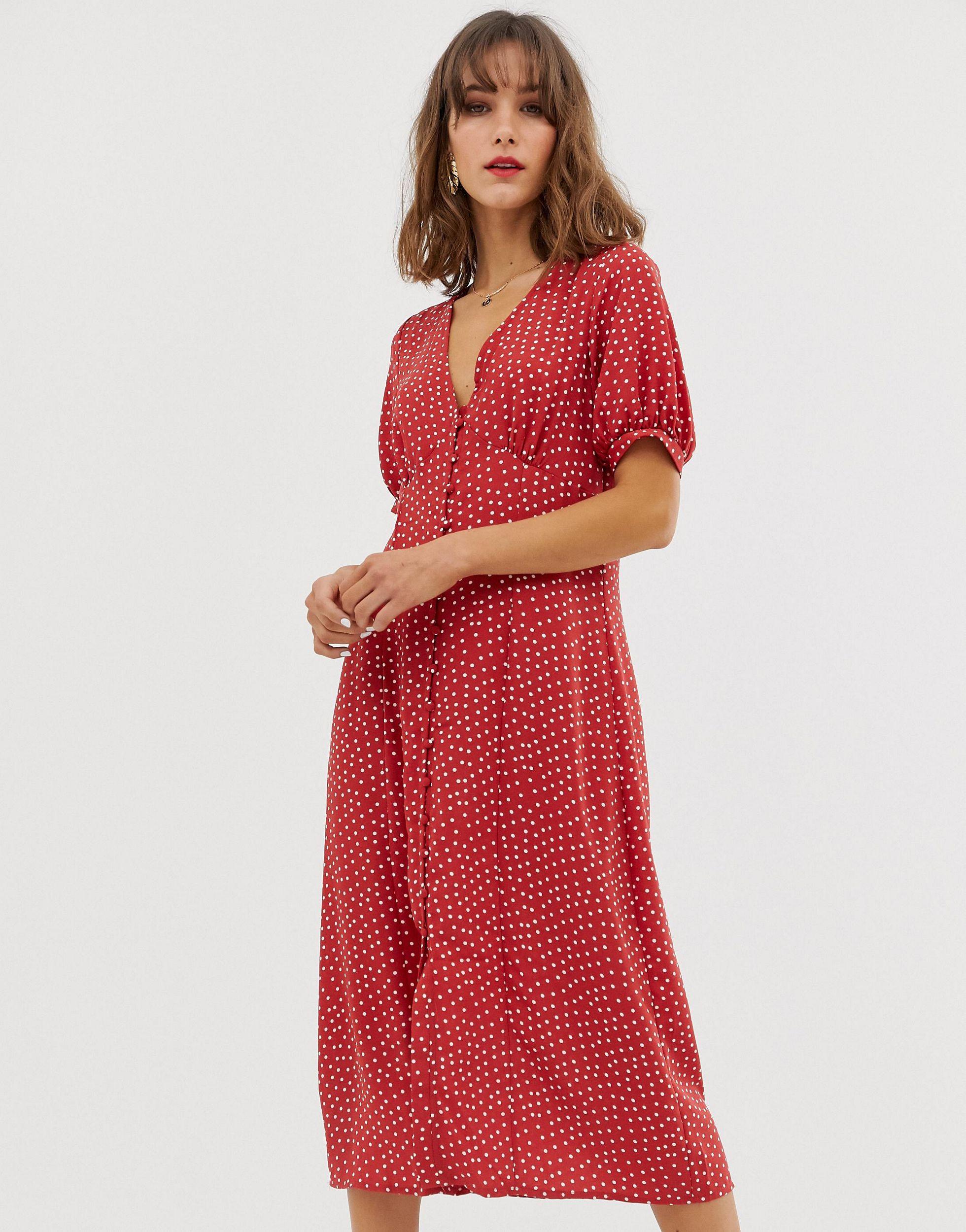 red polka dot midi dress