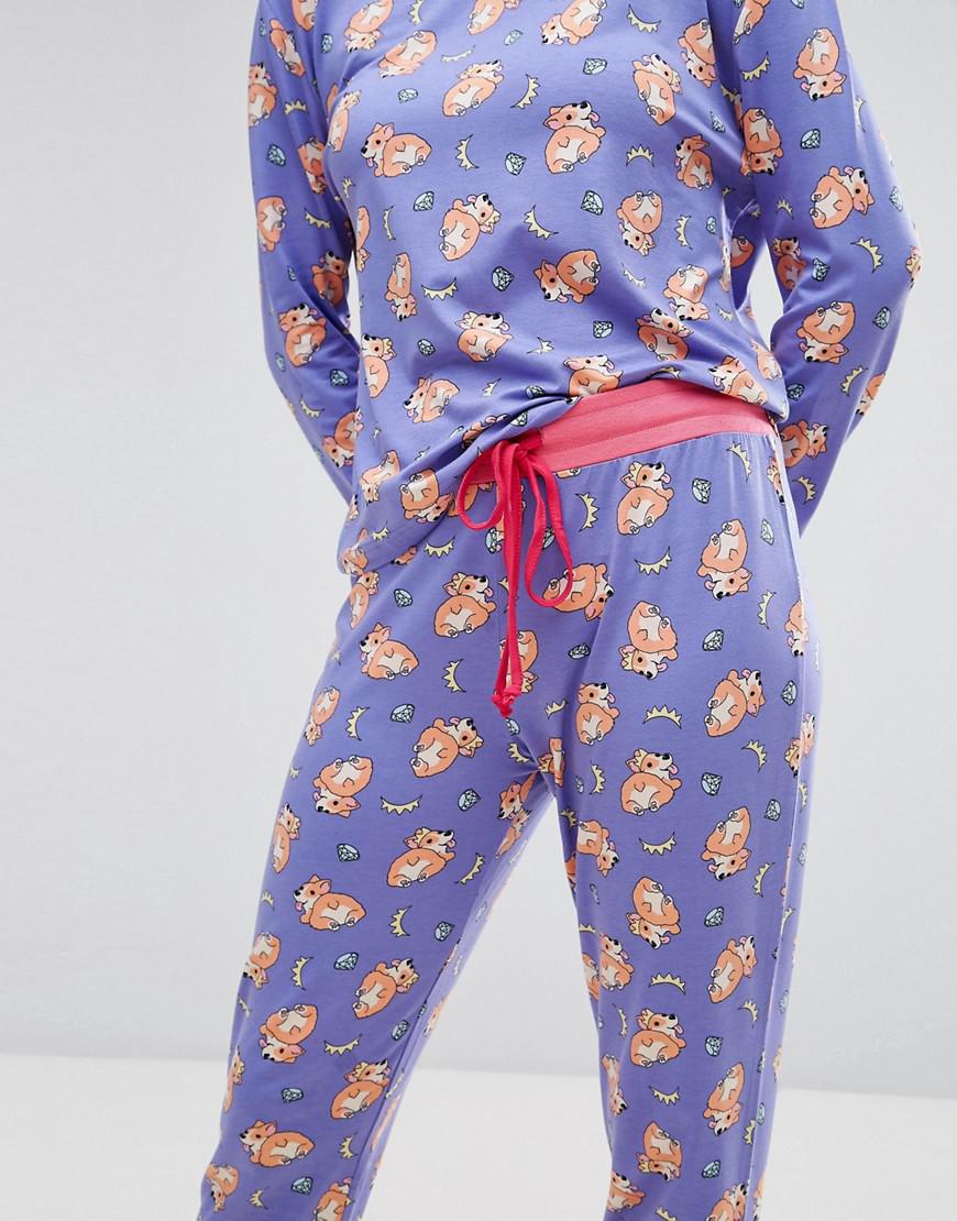 Chelsea Peers Corgi Dog Long Pyjama Set in Blue